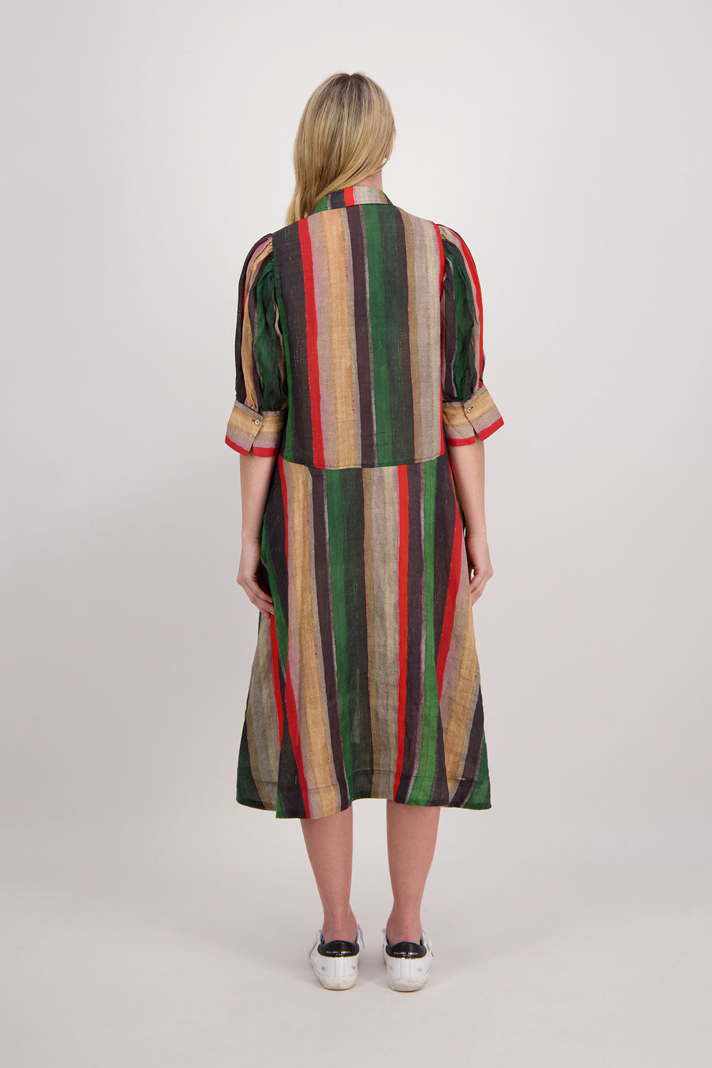 CHRISTINE RED/GREEN STRIPE RAMIE SHIRT DRESS