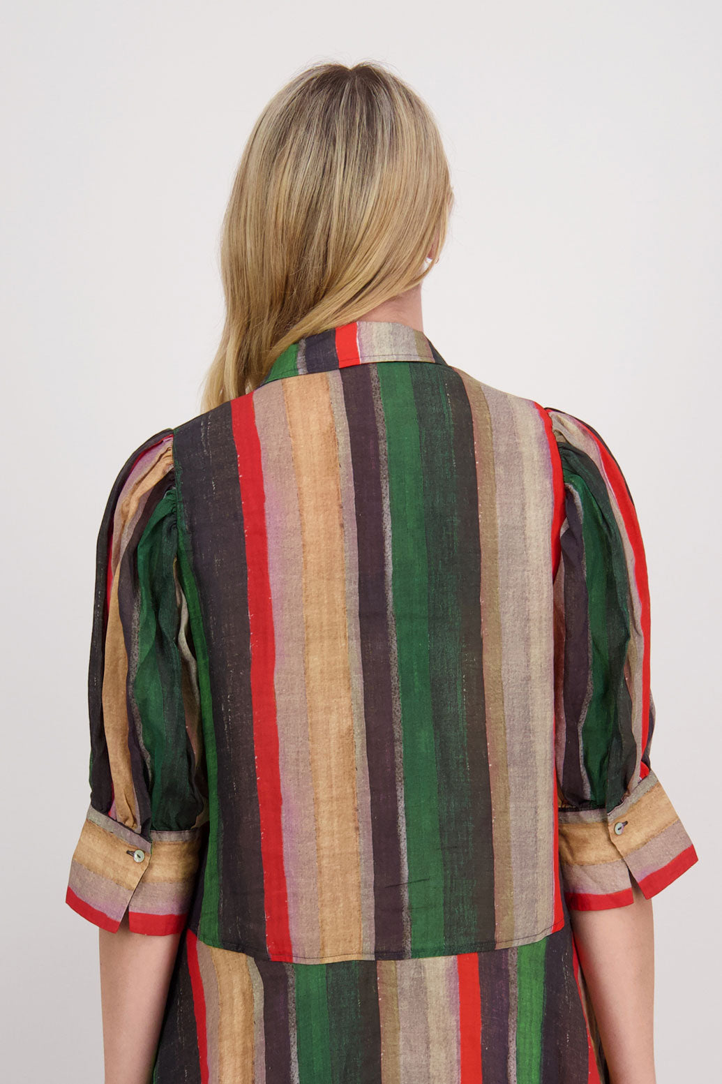 CHRISTINE RED/GREEN STRIPE RAMIE SHIRT DRESS