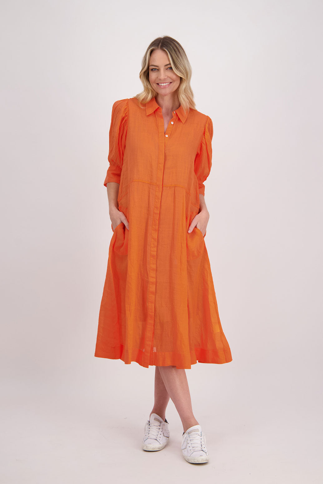 Christine Ramie Shirt Dress with 3/4 sleeve and midi length - Orange