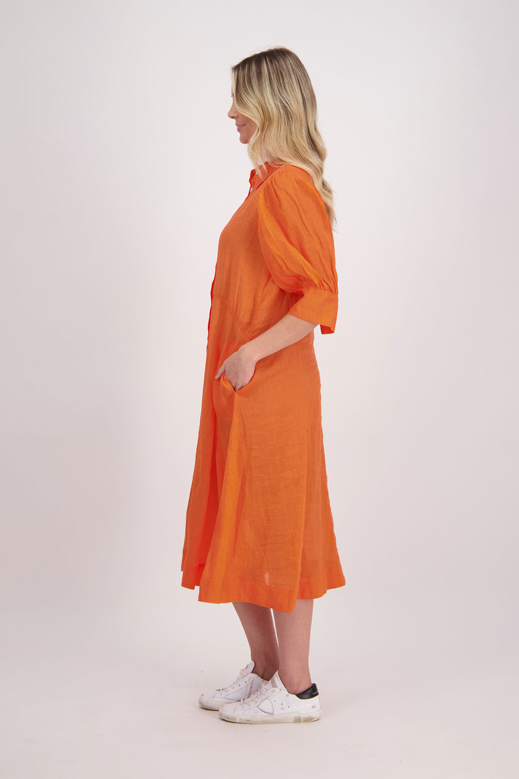 Christine Ramie Shirt Dress with 3/4 sleeve and midi length - Orange