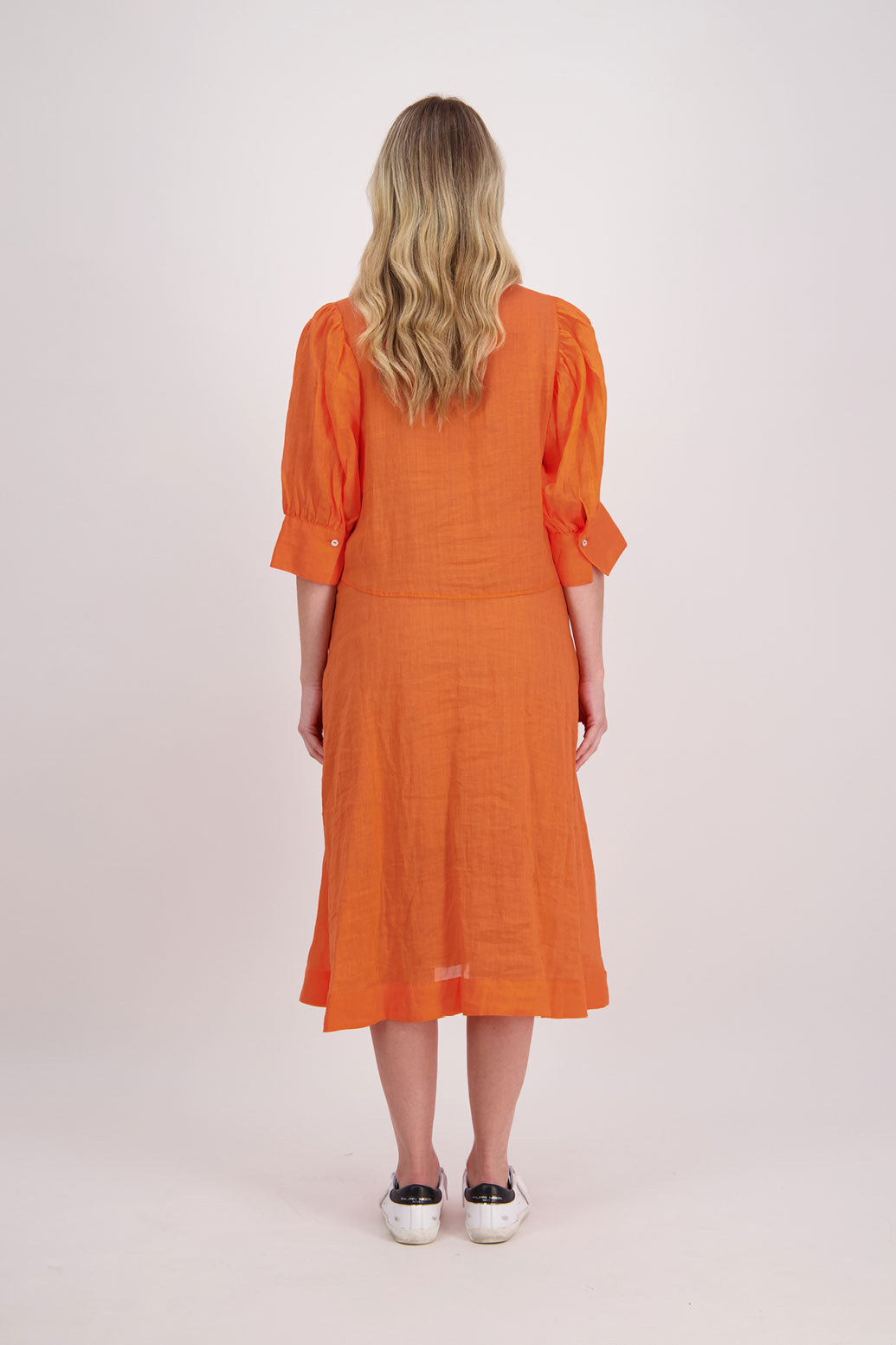 Christine Ramie Shirt Dress with 3/4 sleeve and midi length - Orange