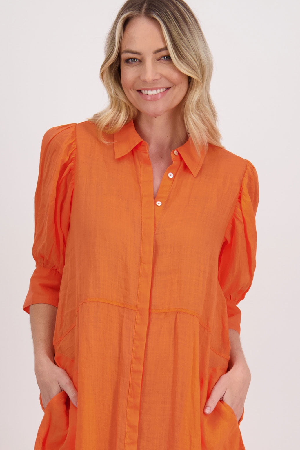 Christine Ramie Shirt Dress with 3/4 sleeve and midi length - Orange