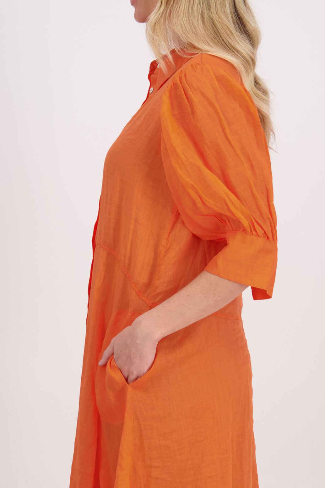 Christine Ramie Shirt Dress with 3/4 sleeve and midi length - Orange