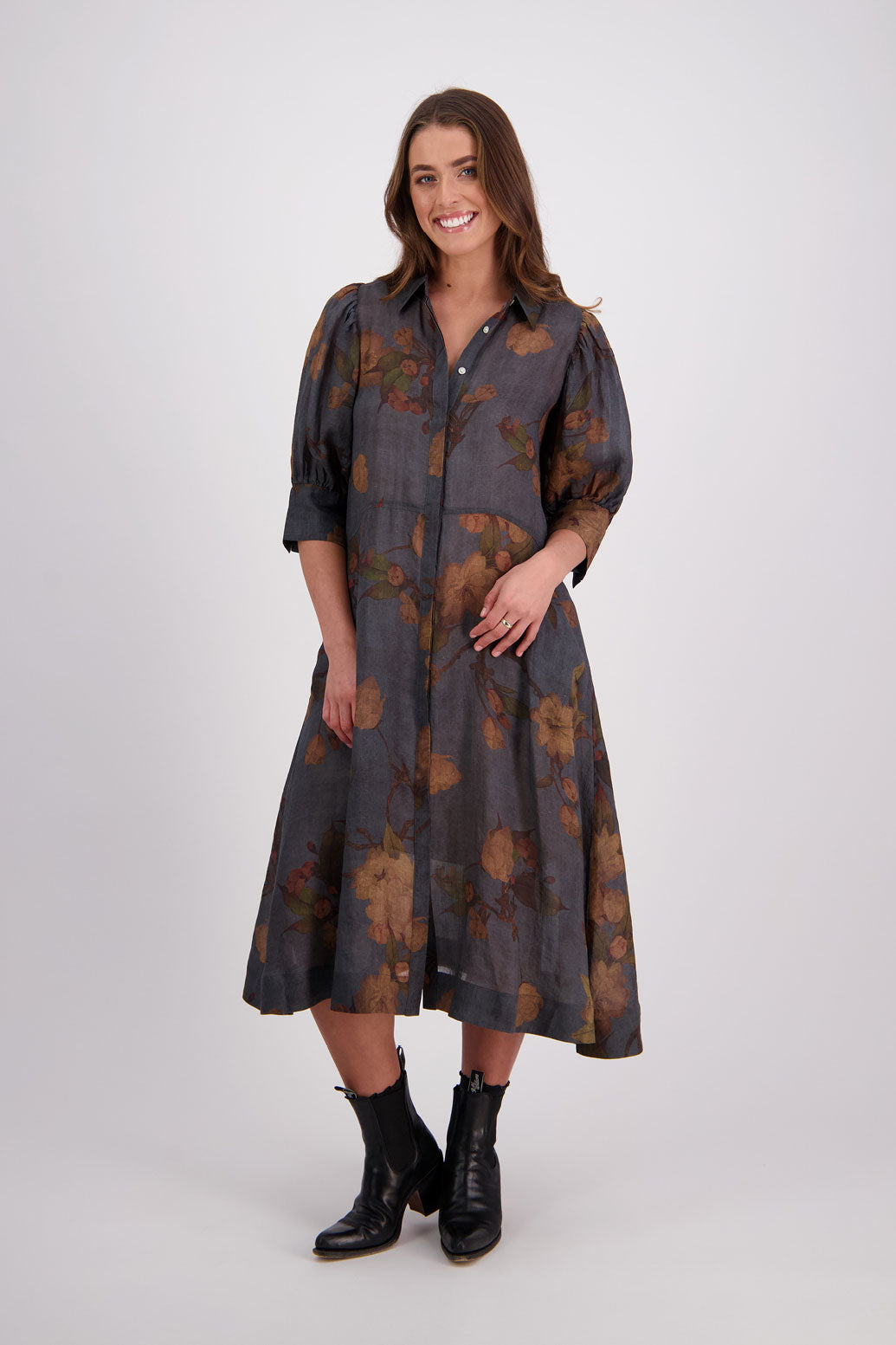 Briarwood Christine Petrol Floral Ramie Shirt Dress