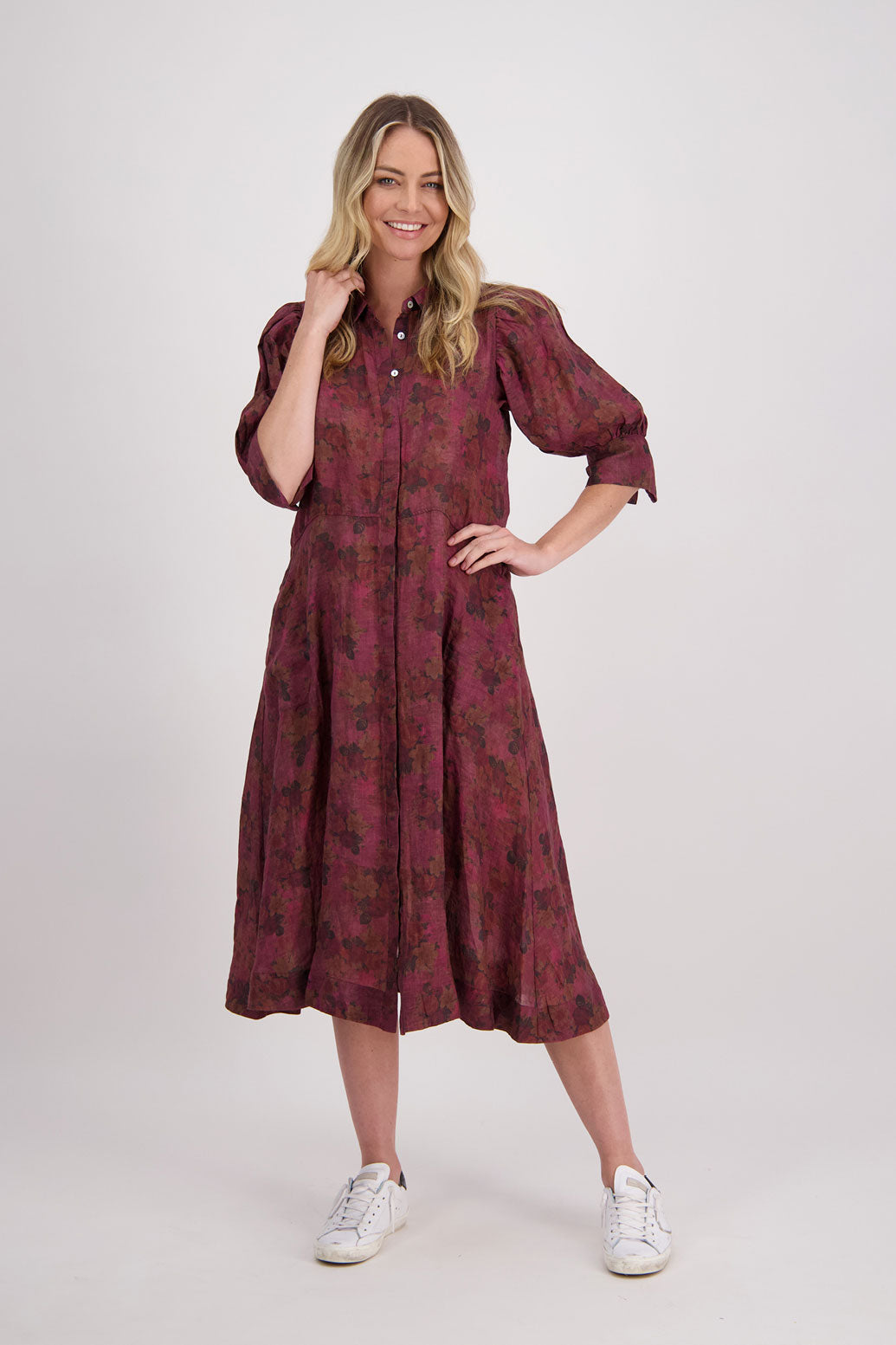 Christine Ramie Shirt Dress with 3/4 sleeve and midi length - Plum Floral