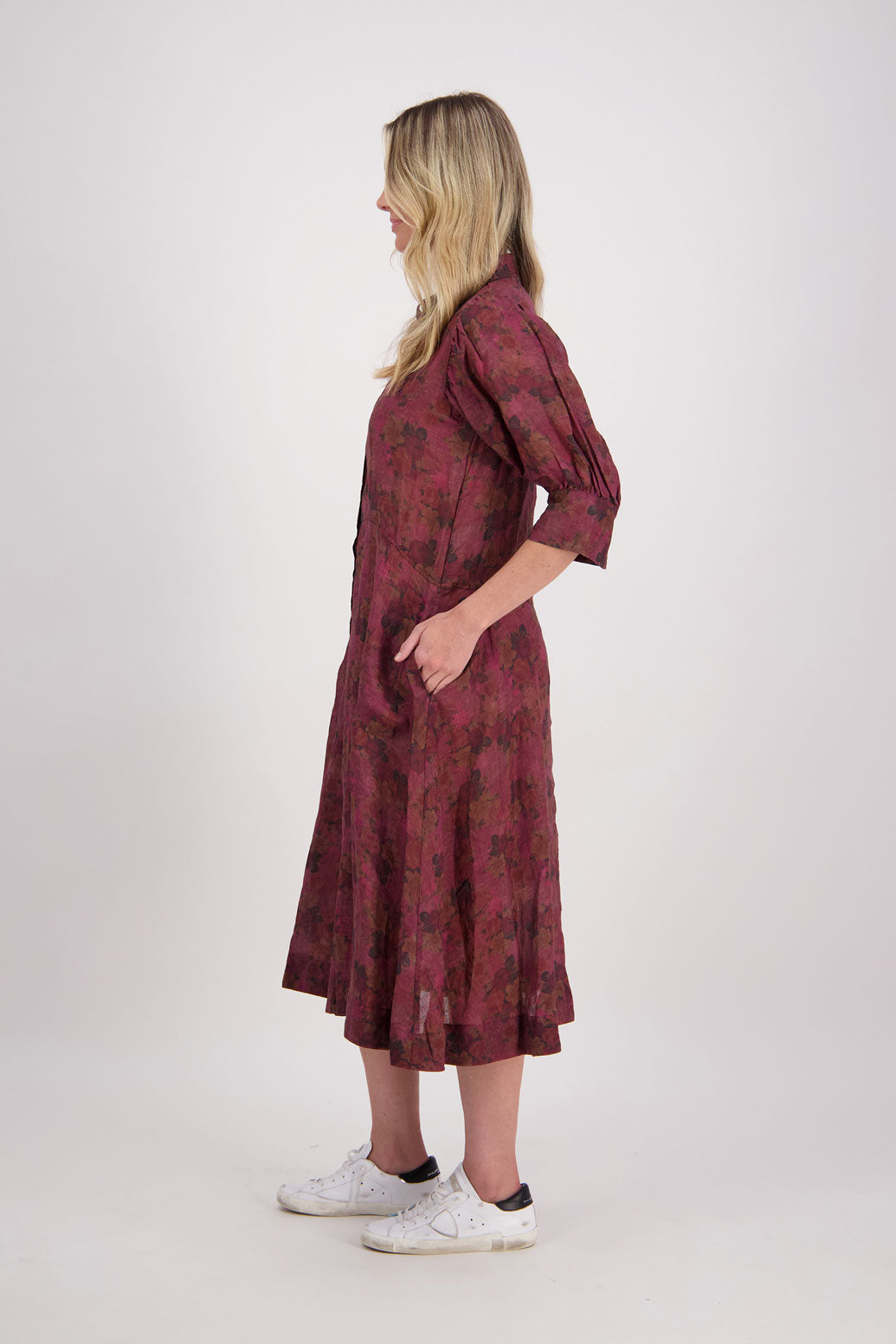 Christine Ramie Shirt Dress with 3/4 sleeve and midi length - Plum Floral