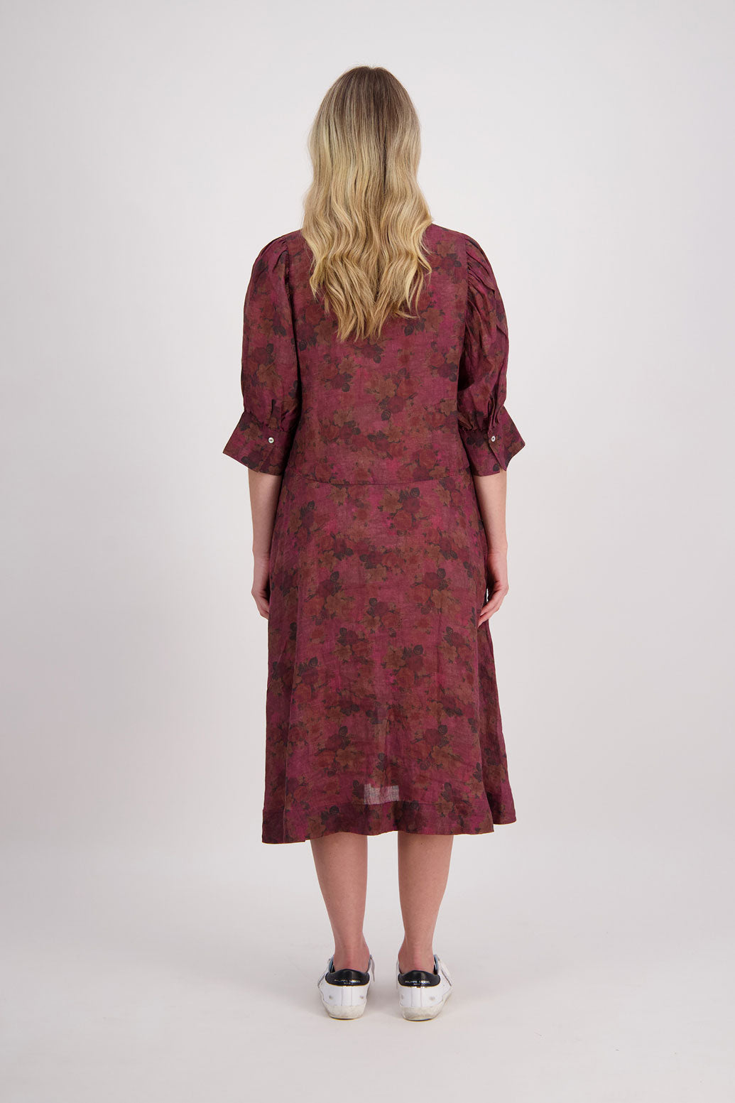 Christine Ramie Shirt Dress with 3/4 sleeve and midi length - Plum Floral