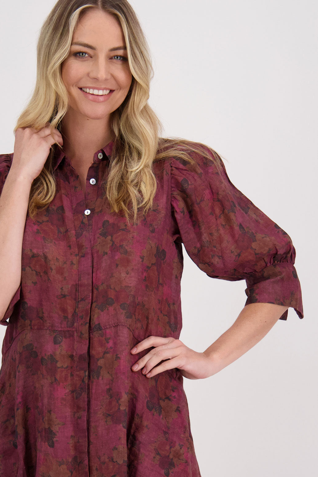 Christine Ramie Shirt Dress with 3/4 sleeve and midi length - Plum Floral