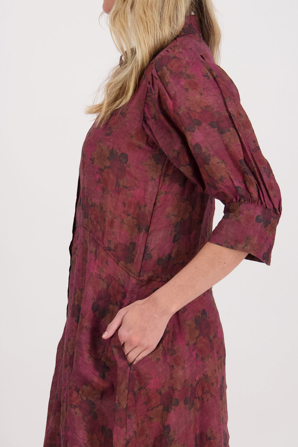 Christine Ramie Shirt Dress with 3/4 sleeve and midi length - Plum Floral