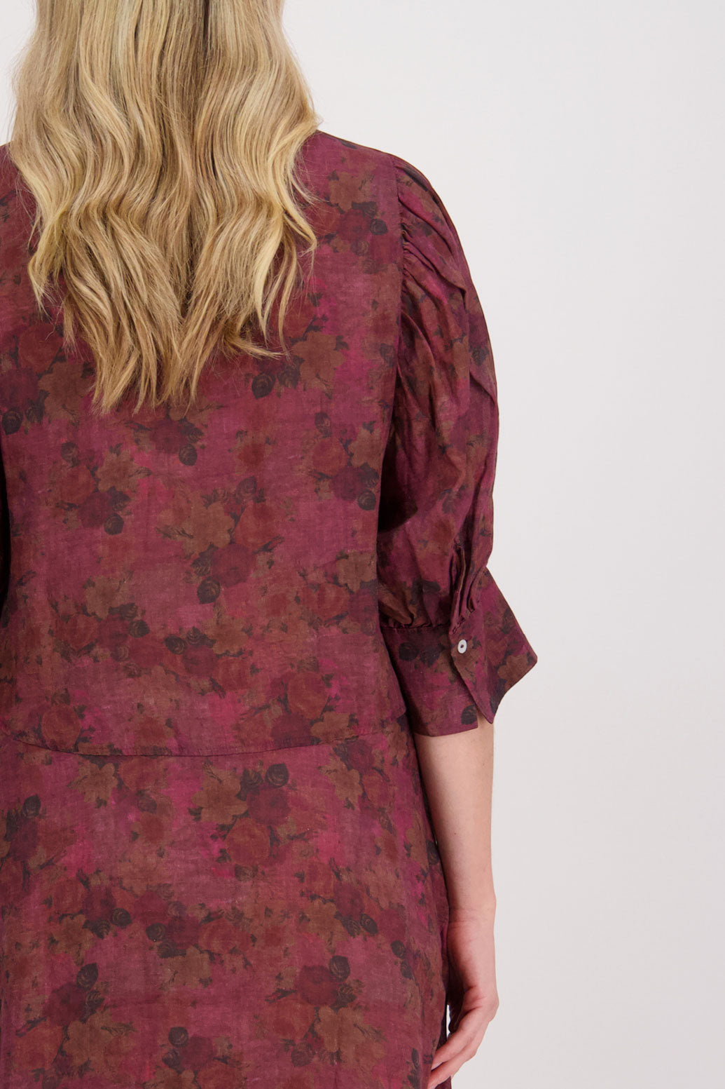 Christine Ramie Shirt Dress with 3/4 sleeve and midi length - Plum Floral