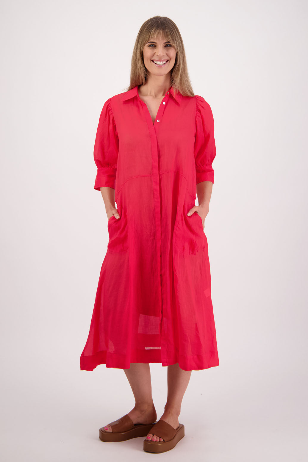 Womens shirt dress, midi length with elbow length puff sleeves. Briarwood NZ. Ramie, Christine. Red