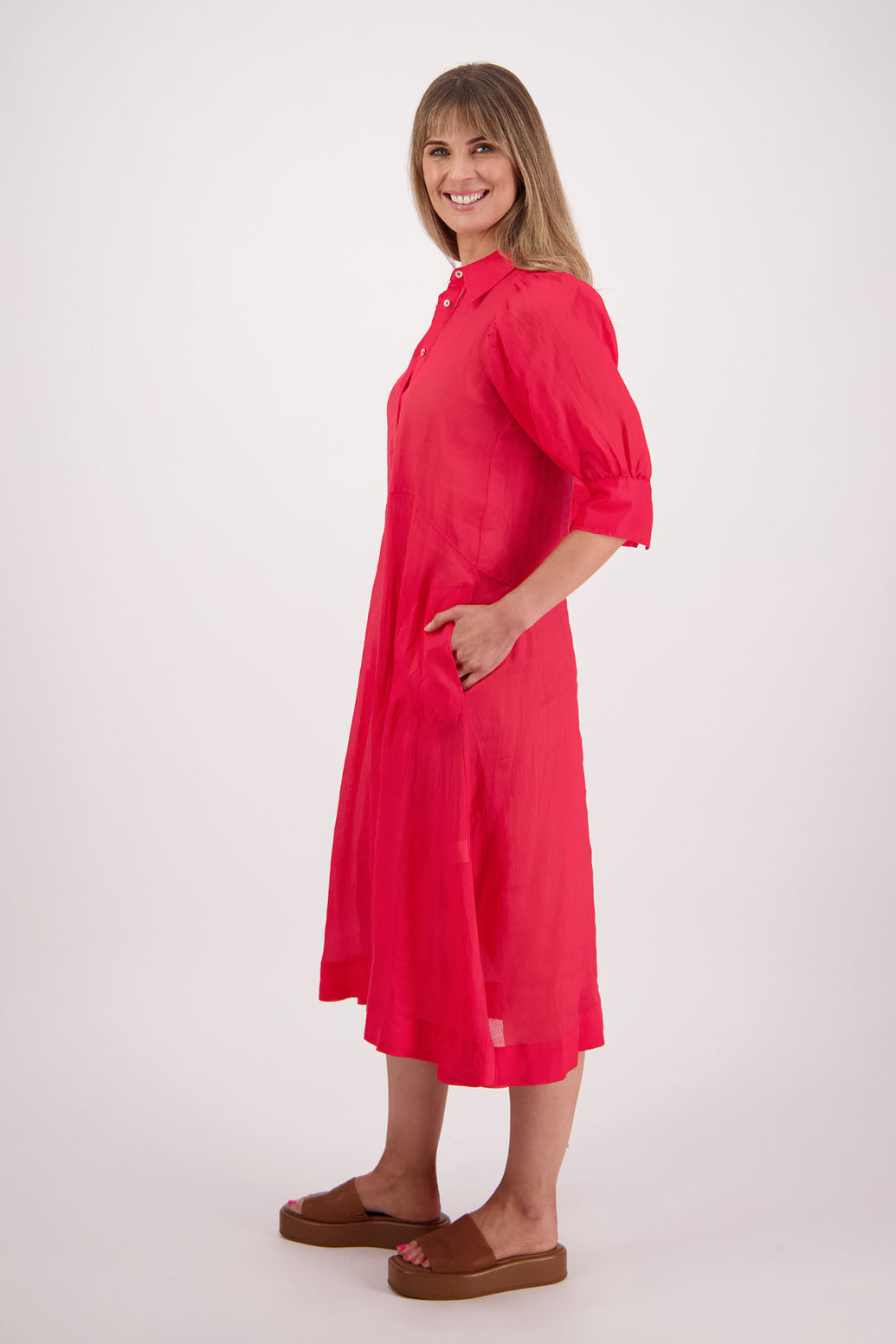 Womens shirt dress, midi length with elbow length puff sleeves. Briarwood NZ. Ramie, Christine. Red