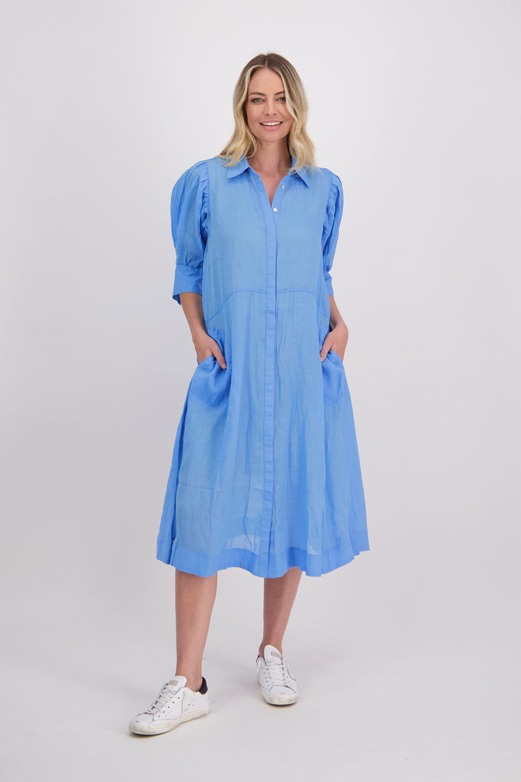 Christine Ramie Shirt Dress with 3/4 sleeve and midi length - Sky Blue