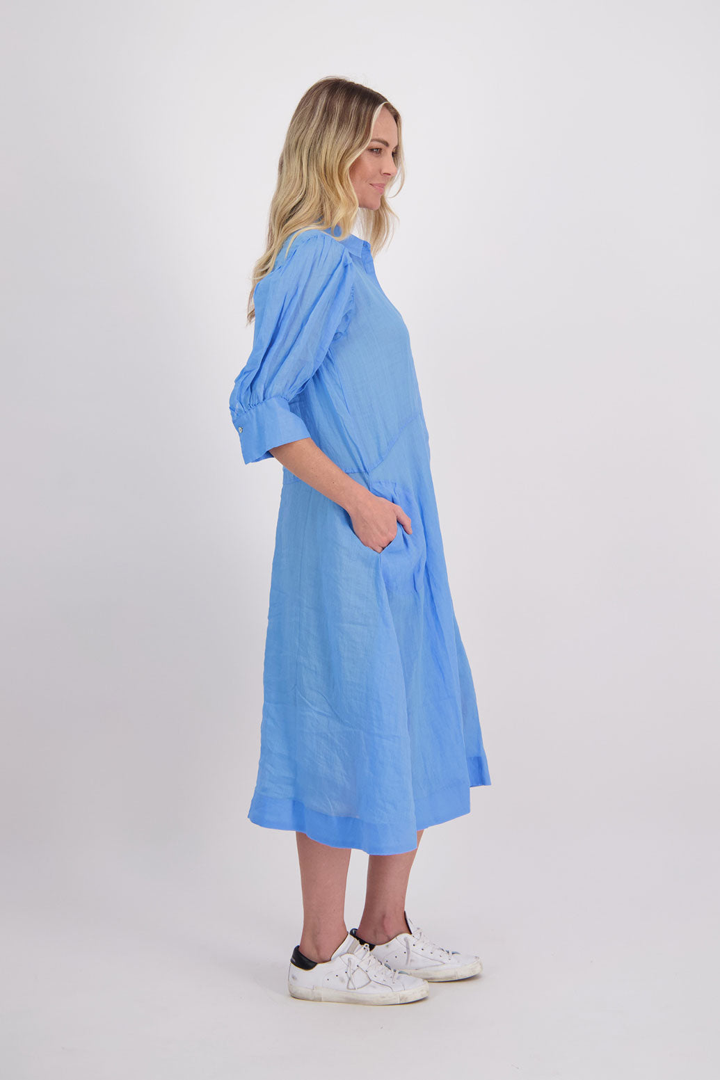 Christine Ramie Shirt Dress with 3/4 sleeve and midi length - Sky Blue