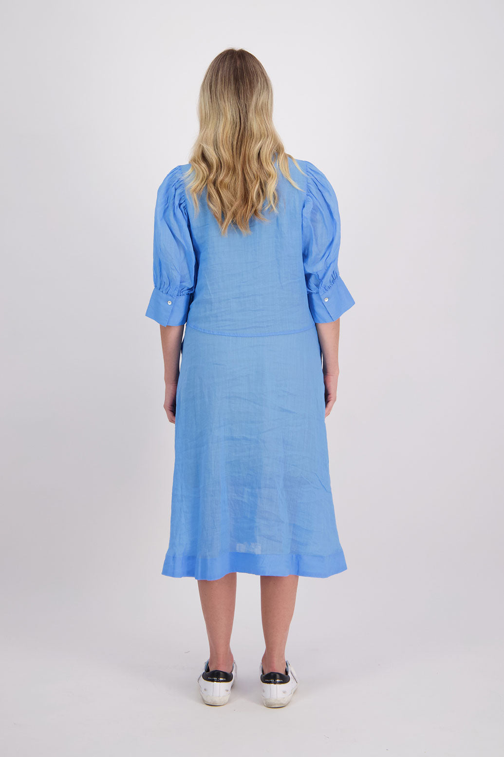 Christine Ramie Shirt Dress with 3/4 sleeve and midi length - Sky Blue