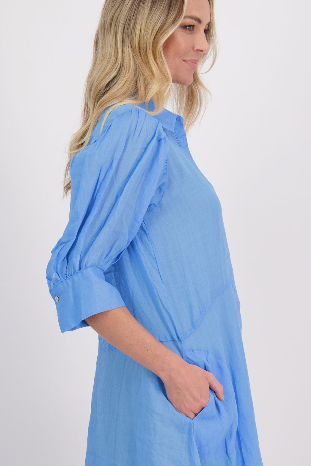 Christine Ramie Shirt Dress with 3/4 sleeve and midi length - Sky Blue