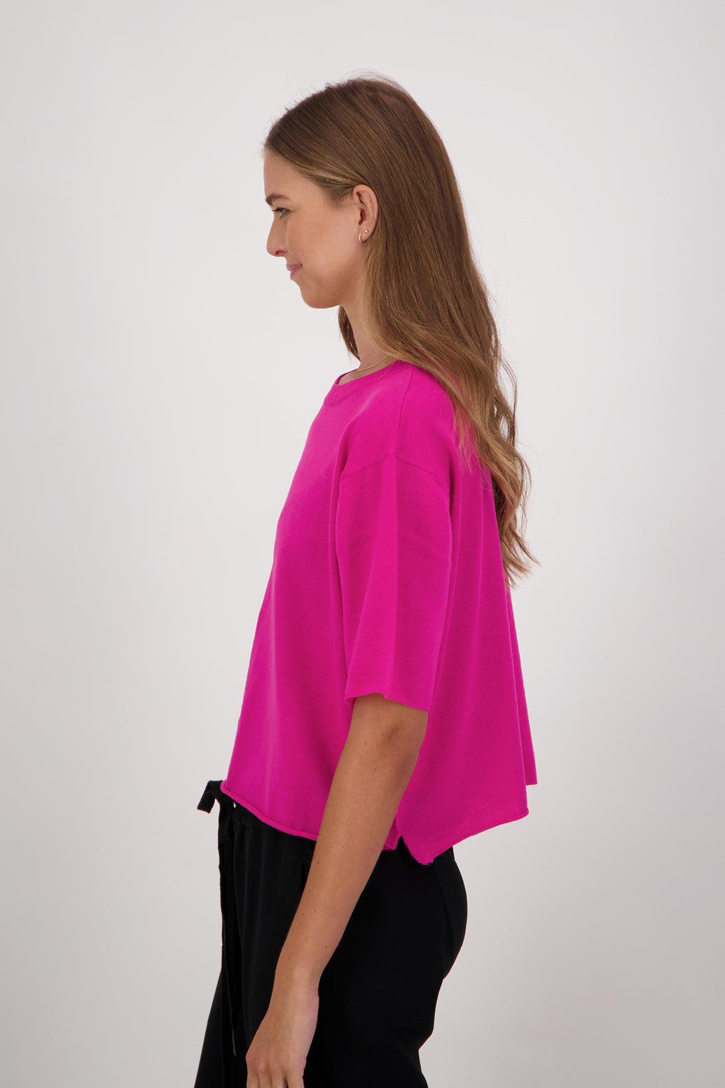 Danielle 100% Wool Short Sleeve Sweater - Magenta/Pink