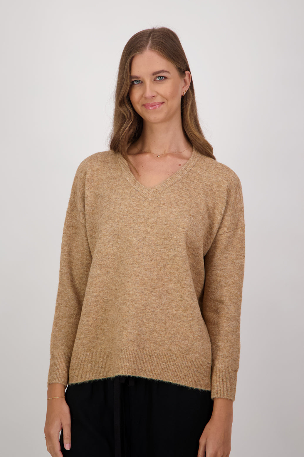 Dusty Wool Blend V Neck Sweater - Camel