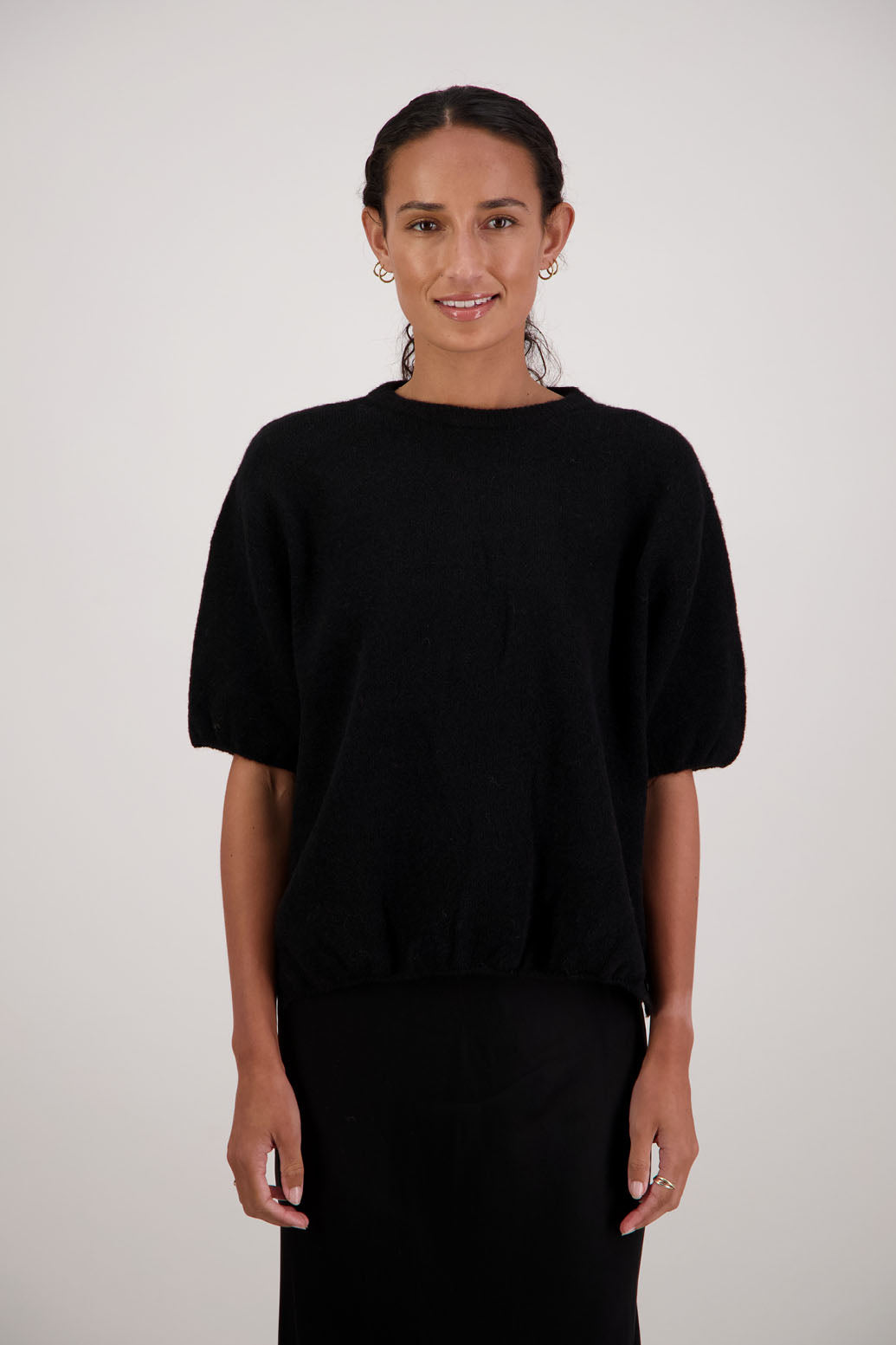 Faith Top in Black by Briarwood NZ. Alpaca/Wool blend short sleeve t-shirt style, boxy fit