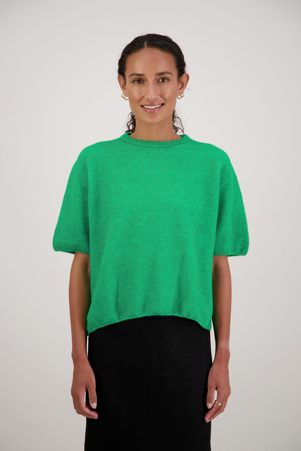 Faith Top in Green by Briarwood NZ. Alpaca/Wool blend short sleeve t-shirt style, boxy fit