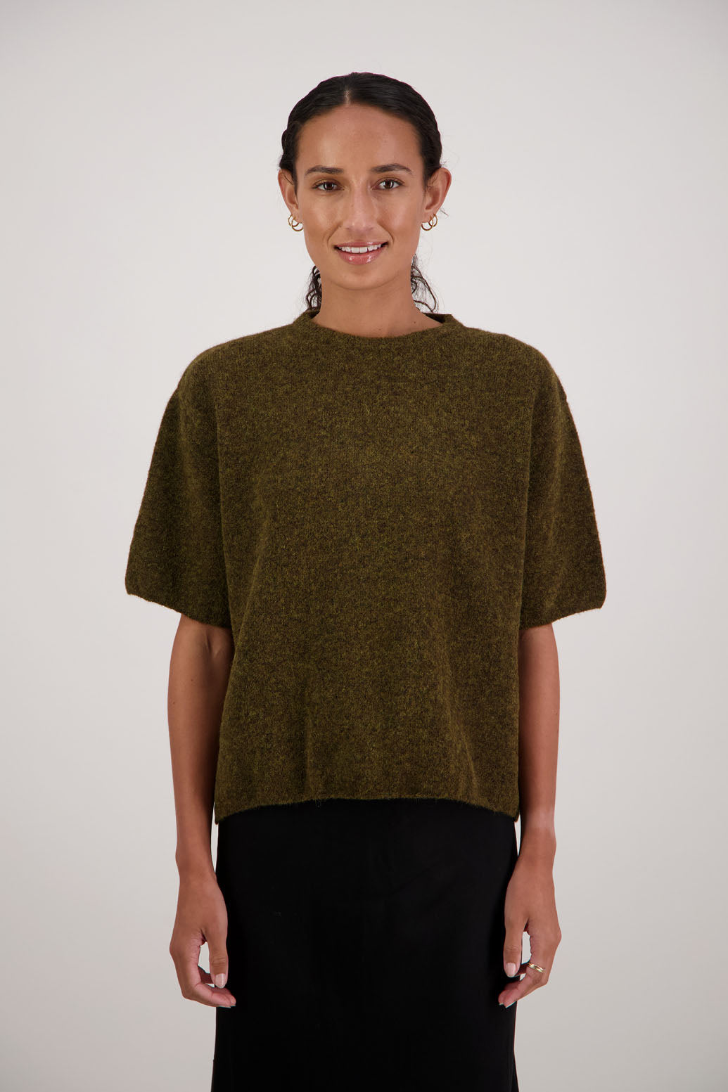 Faith Top in Olive by Briarwood NZ. Alpaca/Wool blend short sleeve t-shirt style, boxy fit