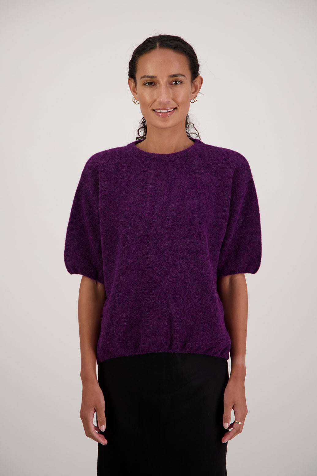 Faith Top in Purple by Briarwood NZ. Alpaca/Wool blend short sleeve t-shirt style, boxy fit