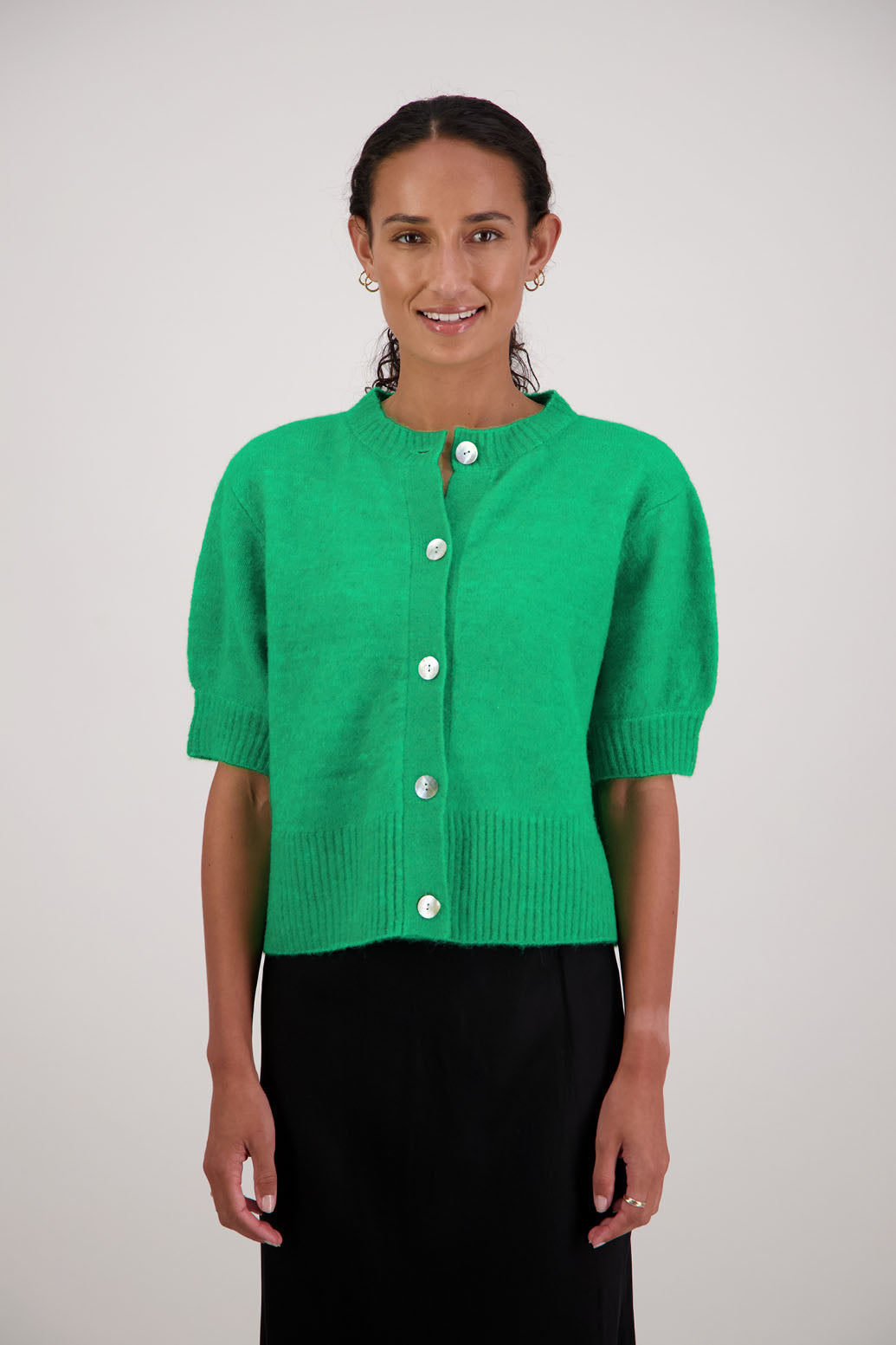 Fancy Cardigan in Green by Briarwood NZ. Alpaca/Wool blend short sleeve cardigan with buttoned front and wide waist band