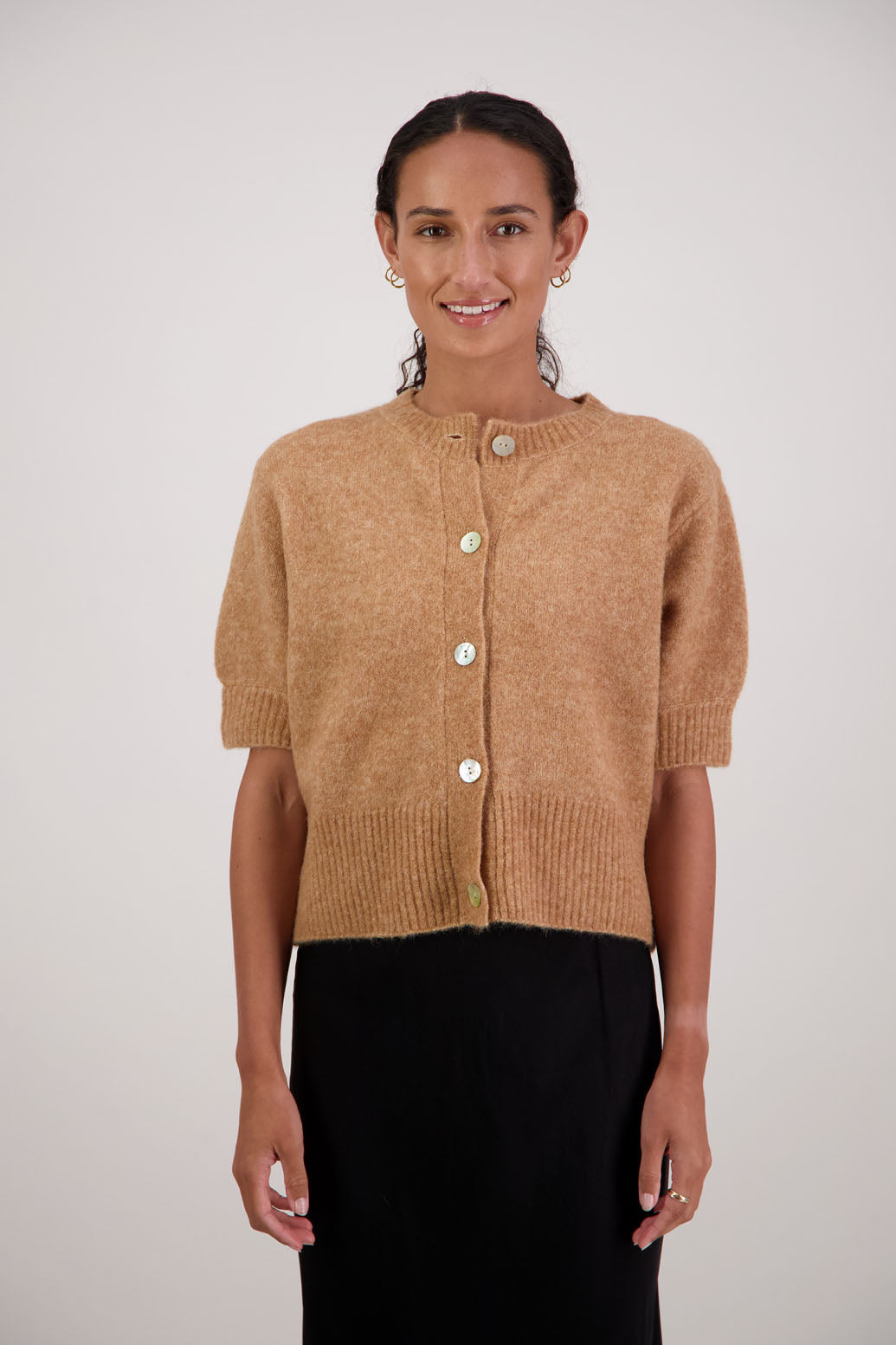 Fancy Cardigan in Tan by Briarwood NZ. Alpaca/Wool blend short sleeve cardigan with buttoned front and wide waist band