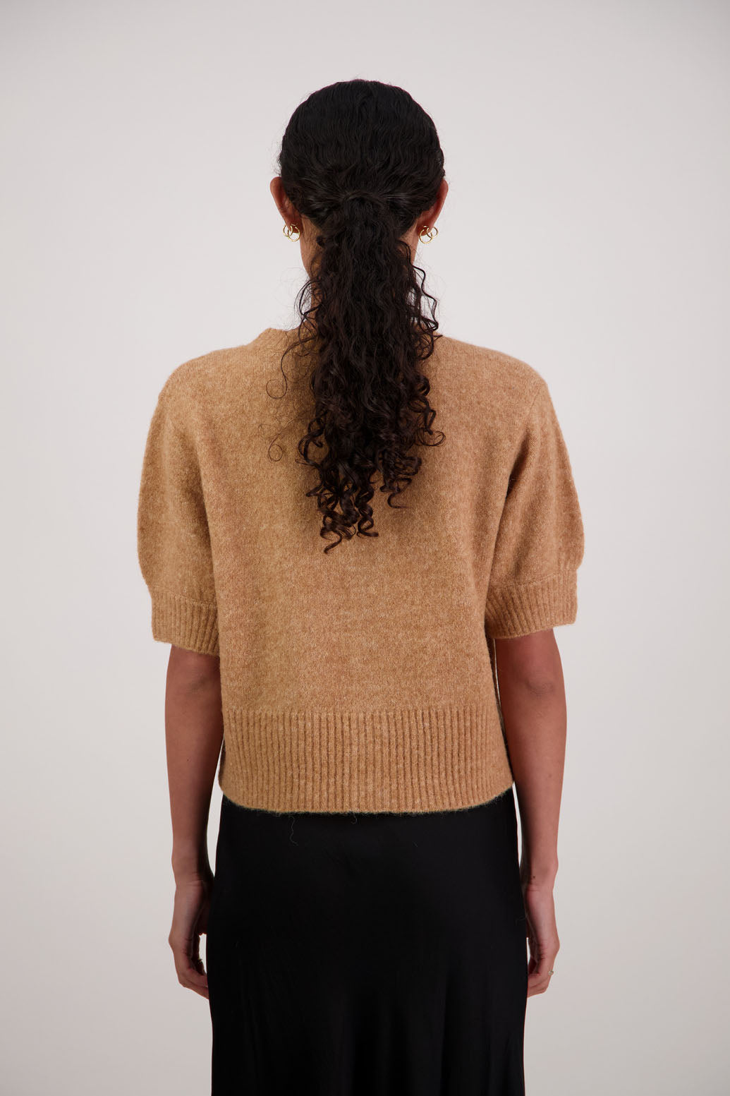 Fancy Cardigan in Tan by Briarwood NZ. Alpaca/Wool blend short sleeve cardigan with buttoned front and wide waist band