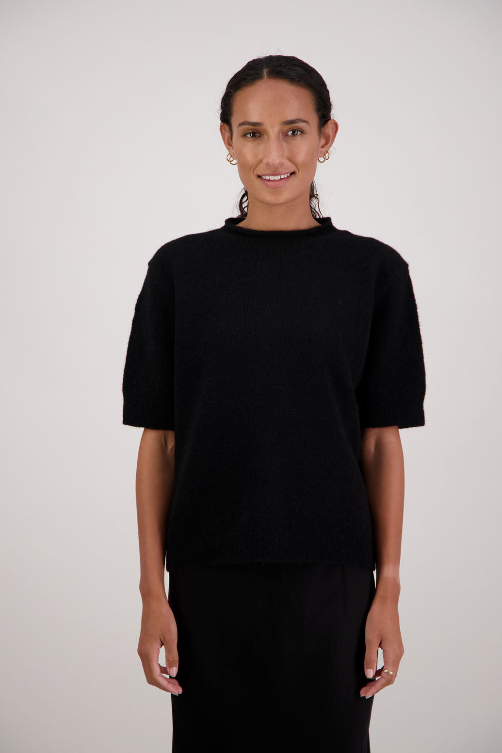 Fleur Top in Black by Briarwood NZ. Alpaca/Wool blend top with high neck, short sleeve t-shirt style, semi-fitted