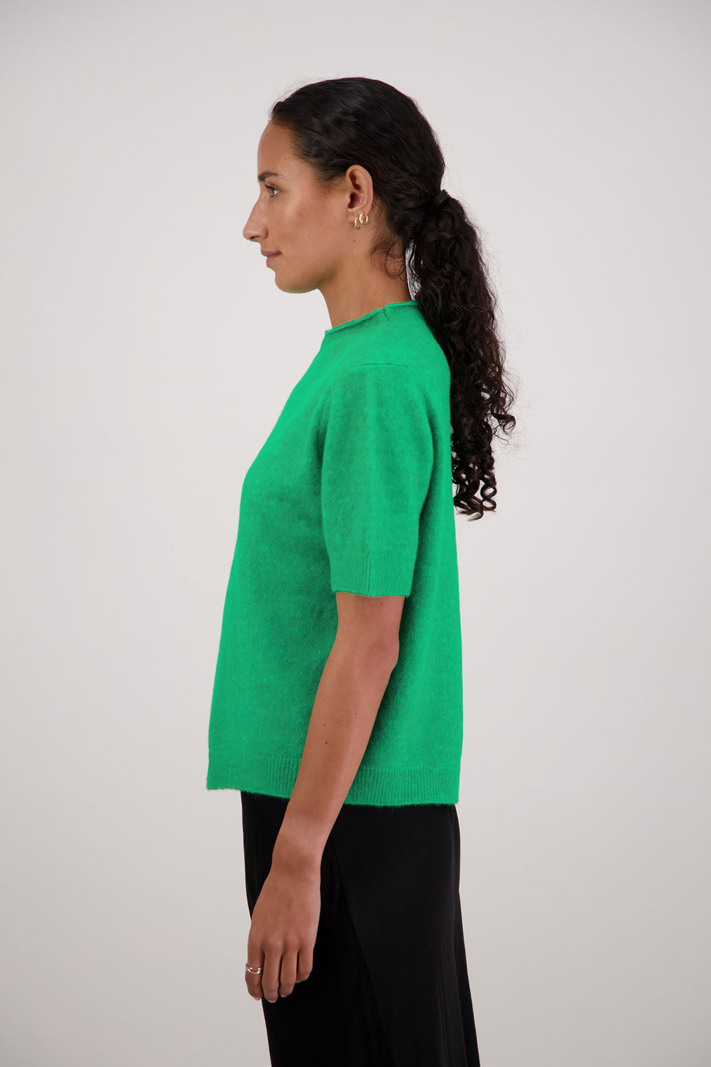 Fleur Knit Top in Green by Briarwood NZ. Alpaca/Wool blend top with high neck, short sleeve t-shirt style, semi-fitted