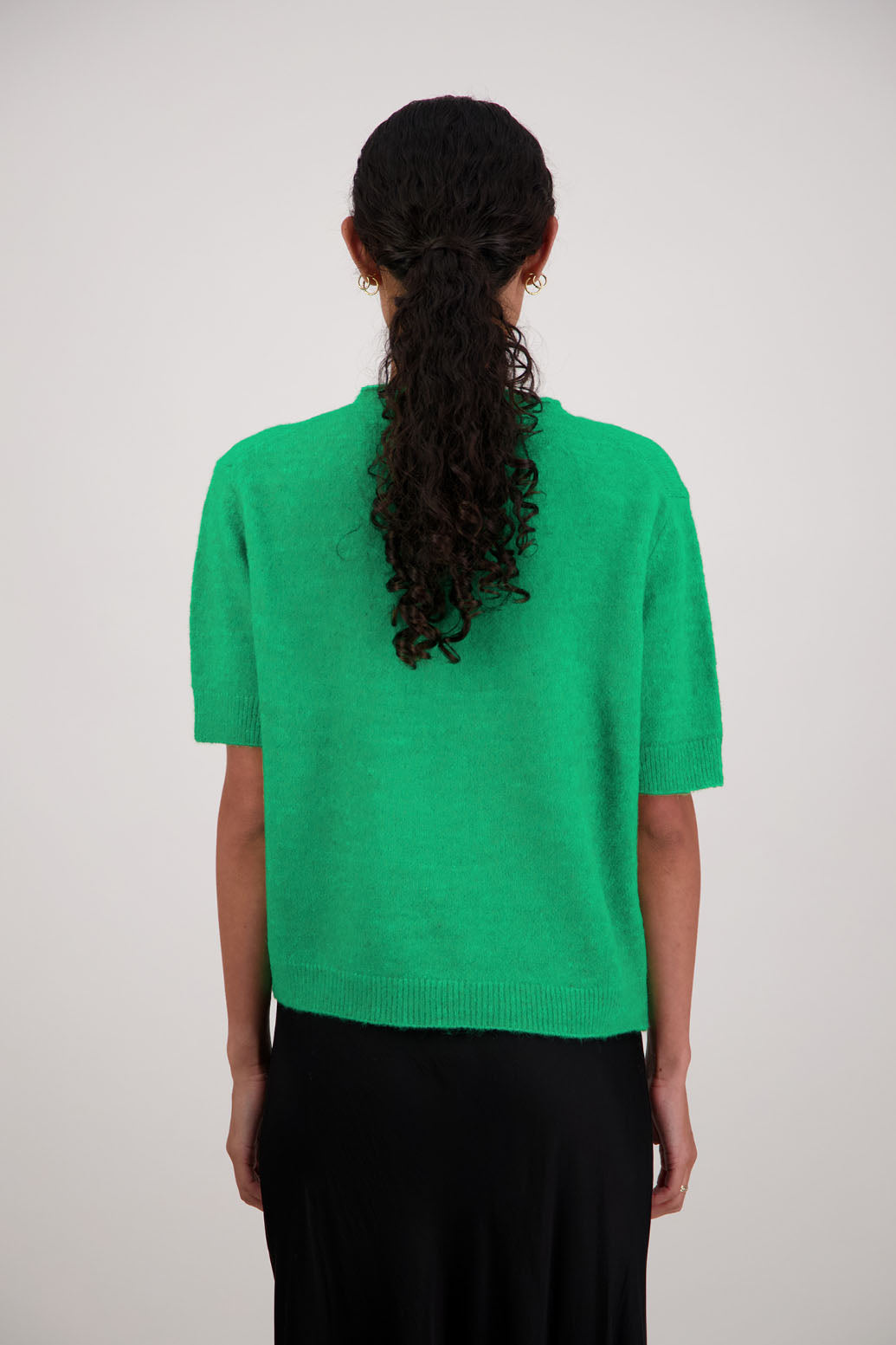 Fleur Knit Top in Green by Briarwood NZ. Alpaca/Wool blend top with high neck, short sleeve t-shirt style, semi-fitted