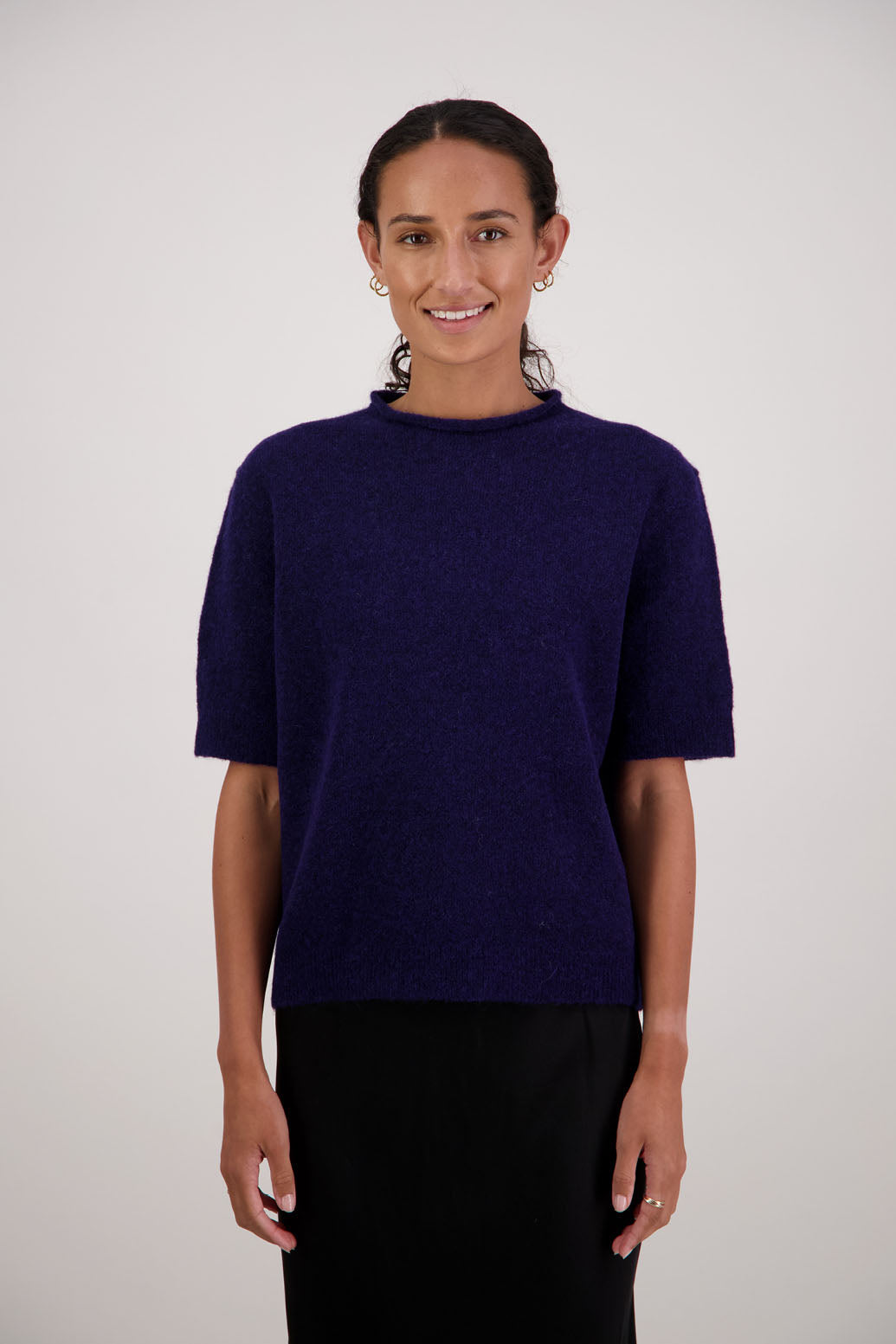 Fleur Knit Top in Ink by Briarwood NZ. Alpaca/Wool blend top with high neck, short sleeve t-shirt style, semi-fitted