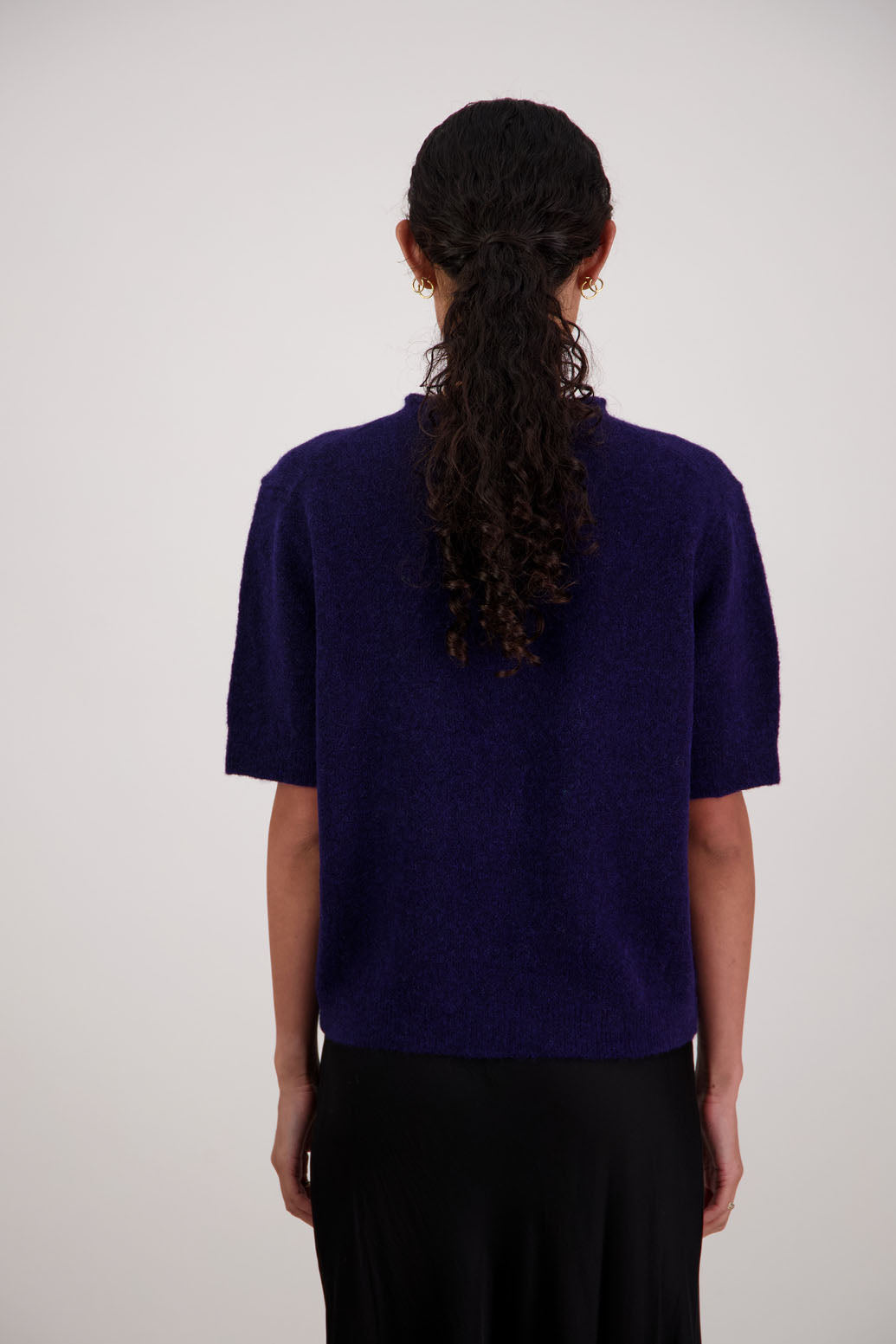 Fleur Knit Top in Ink by Briarwood NZ. Alpaca/Wool blend top with high neck, short sleeve t-shirt style, semi-fitted