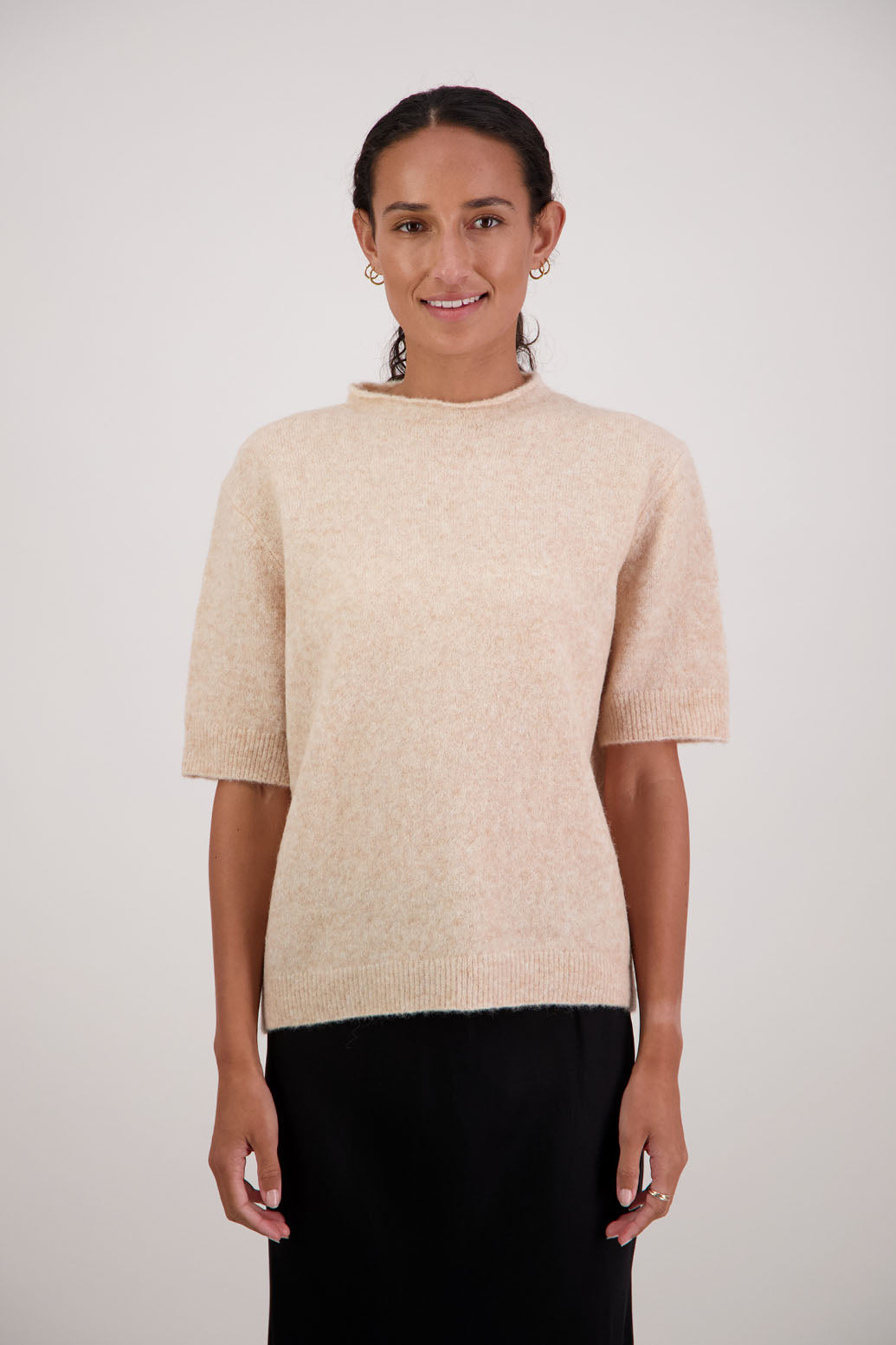 Fleur Knit Top in Natural by Briarwood NZ. Alpaca/Wool blend top with high neck, short sleeve t-shirt style, semi-fitted