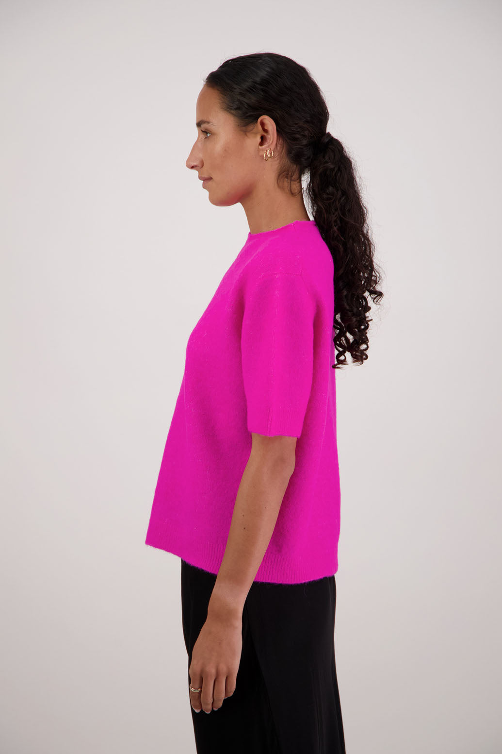 Fleur Knit Top in Pink by Briarwood NZ. Alpaca/Wool blend top with high neck, short sleeve t-shirt style, semi-fitted