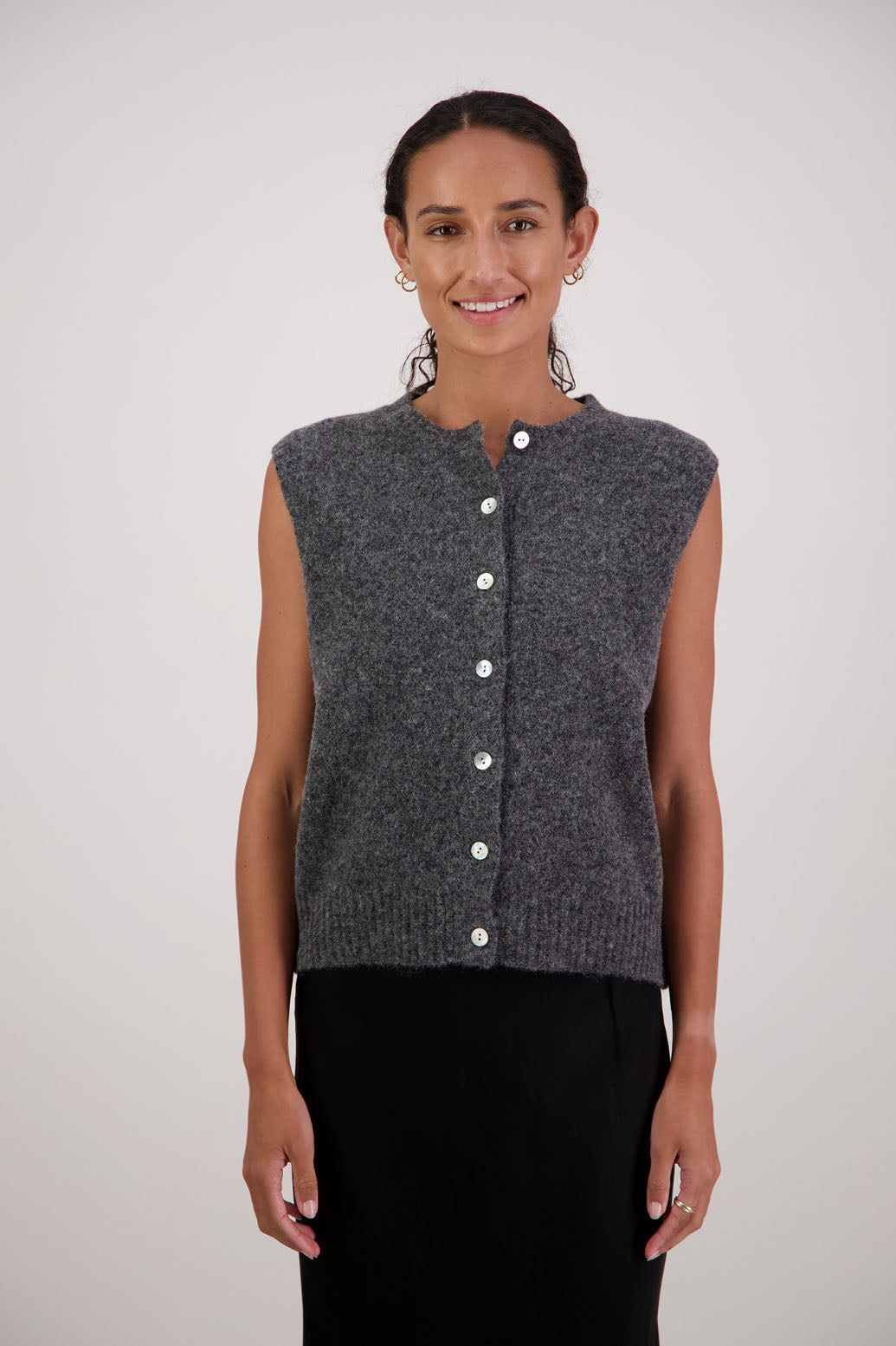 Frankie Vest in Charcoal by Briarwood NZ. Alpaca/Wool blend buttoned through vest