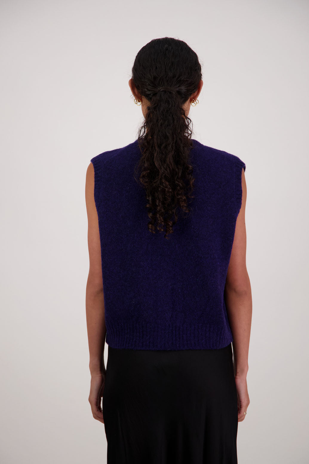Frankie Vest in Ink by Briarwood NZ. Alpaca/Wool blend buttoned through vest