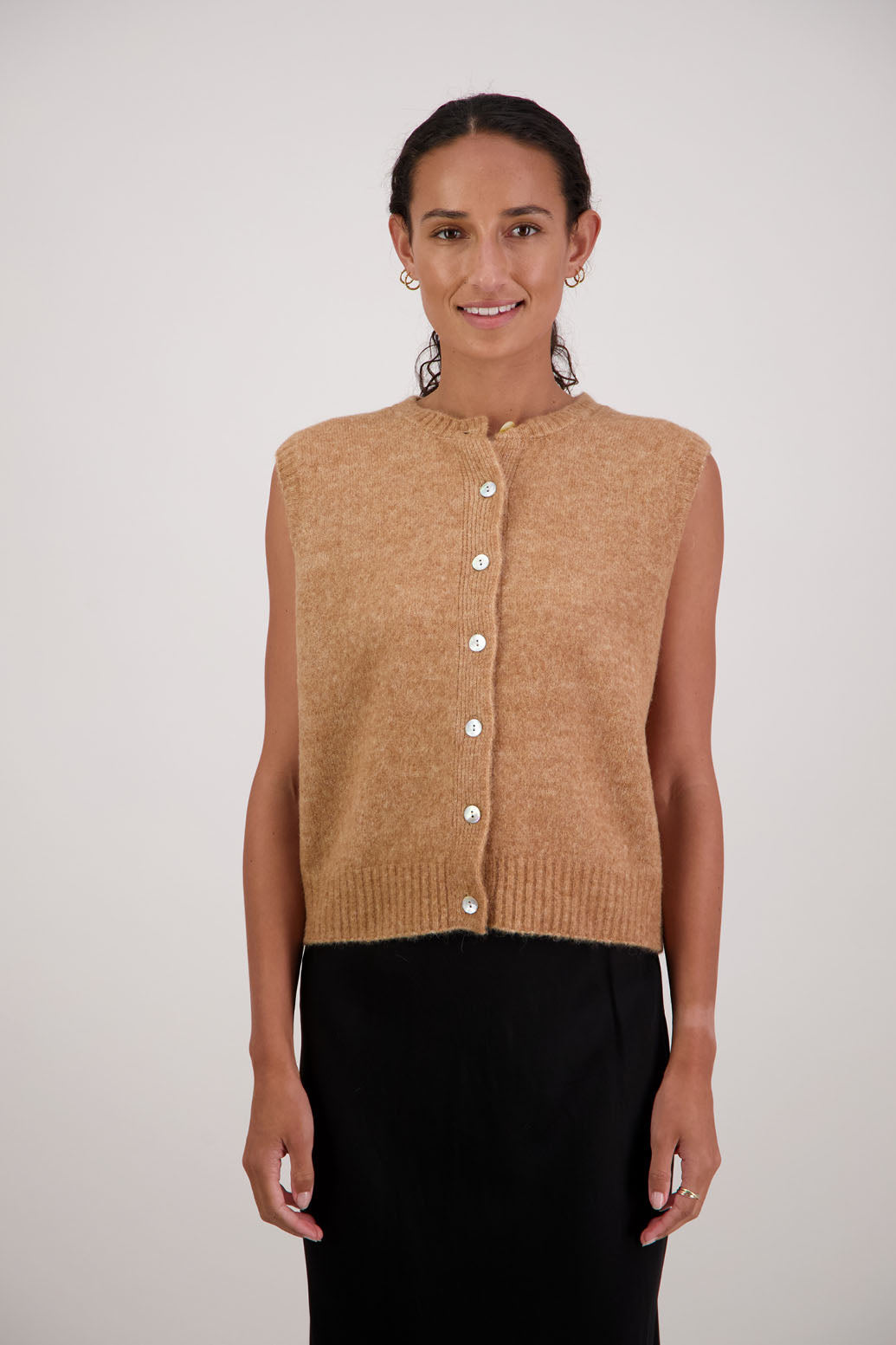 Frankie Vest in Tan by Briarwood NZ. Alpaca/Wool blend buttoned through vest