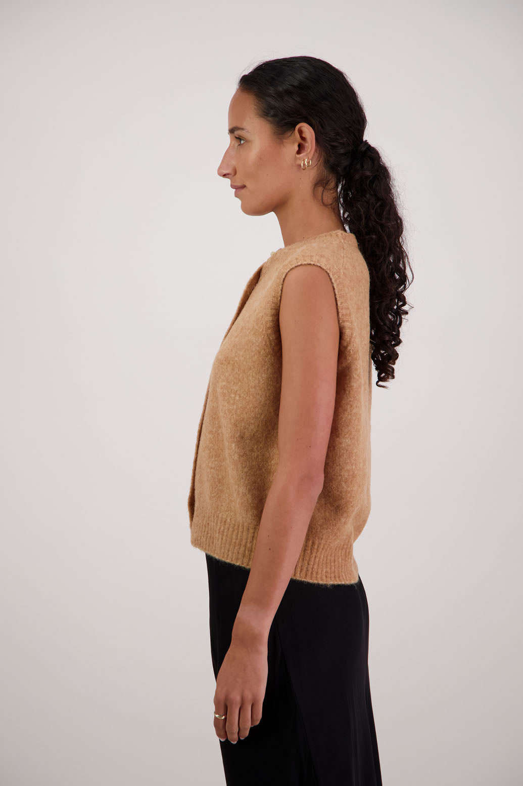 Frankie Vest in Tan by Briarwood NZ. Alpaca/Wool blend buttoned through vest