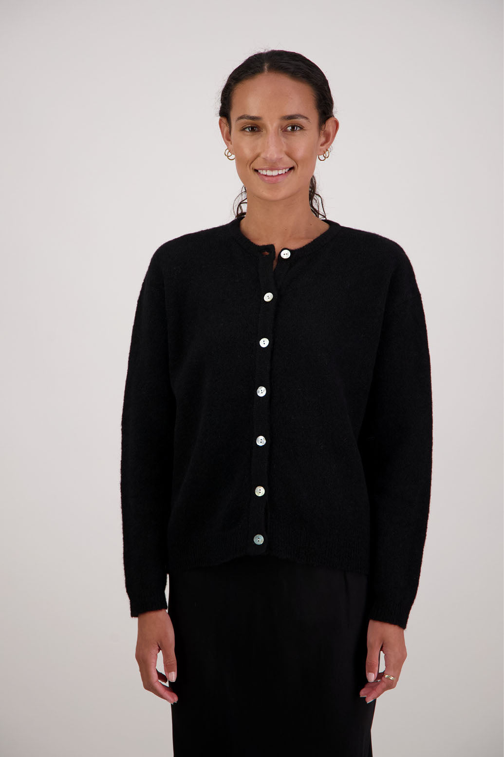Frenchie Cardigan in Black by Briarwood NZ. Alpaca/Wool blend long sleeve cardigan. Bestselling style.