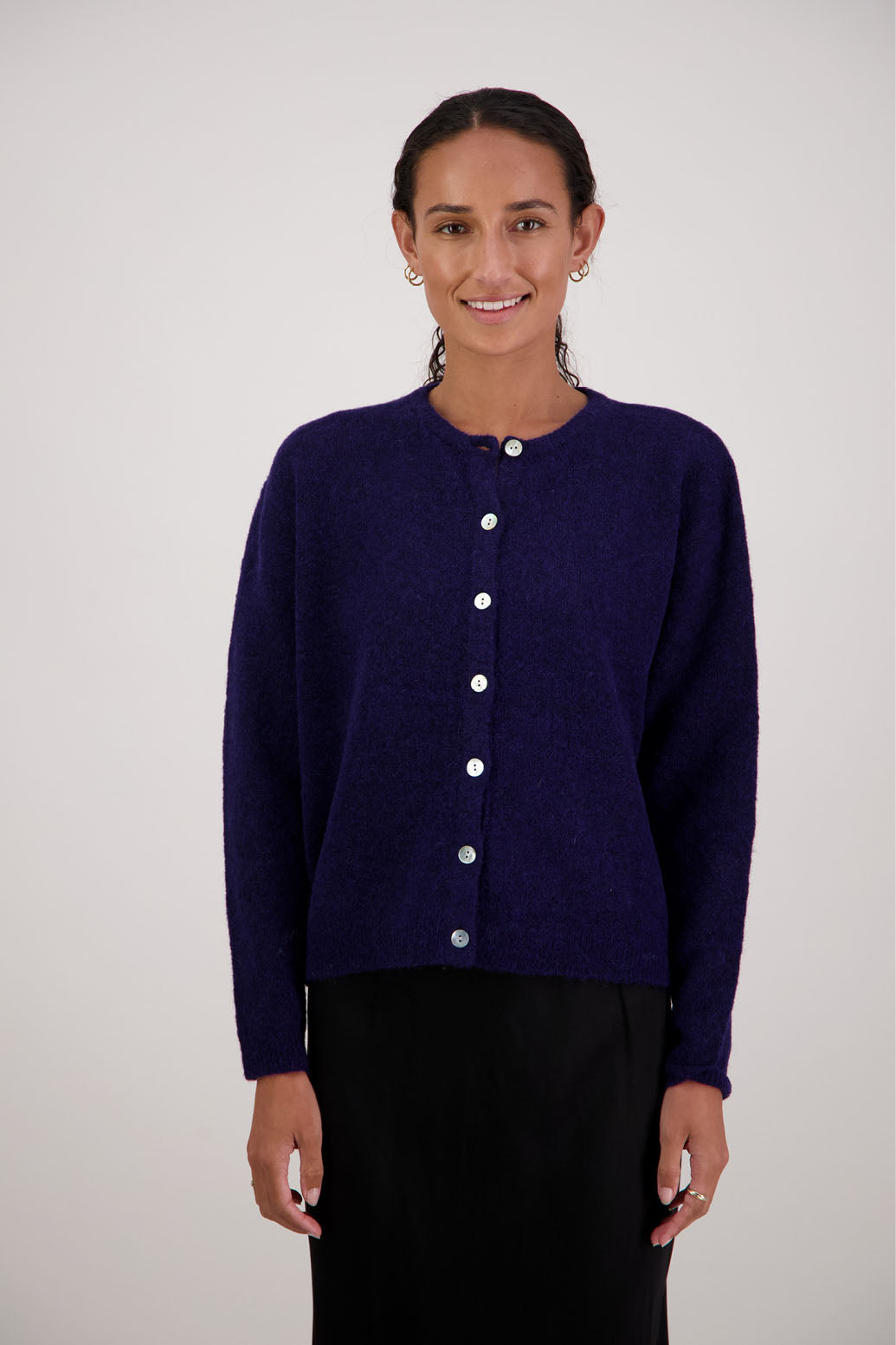 Frenchie Cardigan in Ink by Briarwood NZ. Alpaca/Wool blend long sleeve cardigan. Bestselling style.