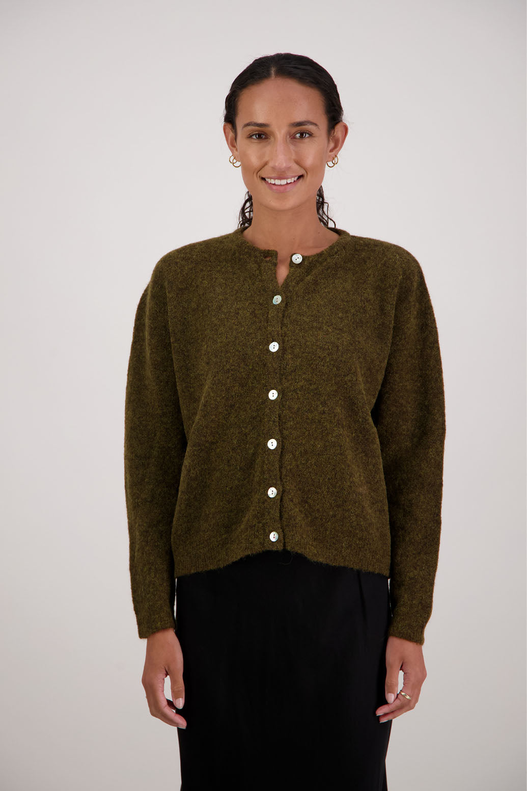 Frenchie Cardigan in Olive by Briarwood NZ. Alpaca/Wool blend long sleeve cardigan. Bestselling style.