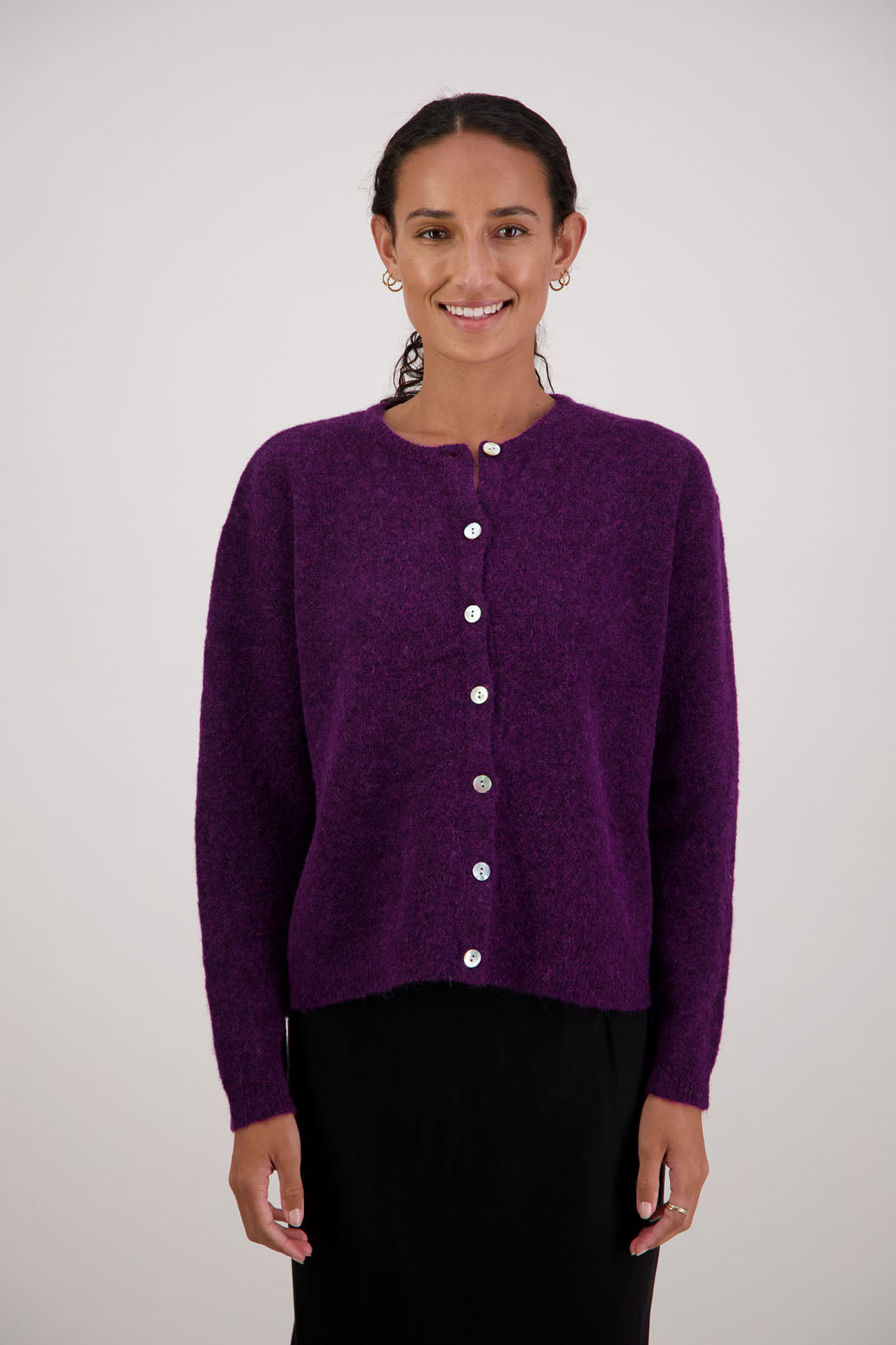 Frenchie Cardigan in Purple by Briarwood NZ. Alpaca/Wool blend long sleeve cardigan. Bestselling style.