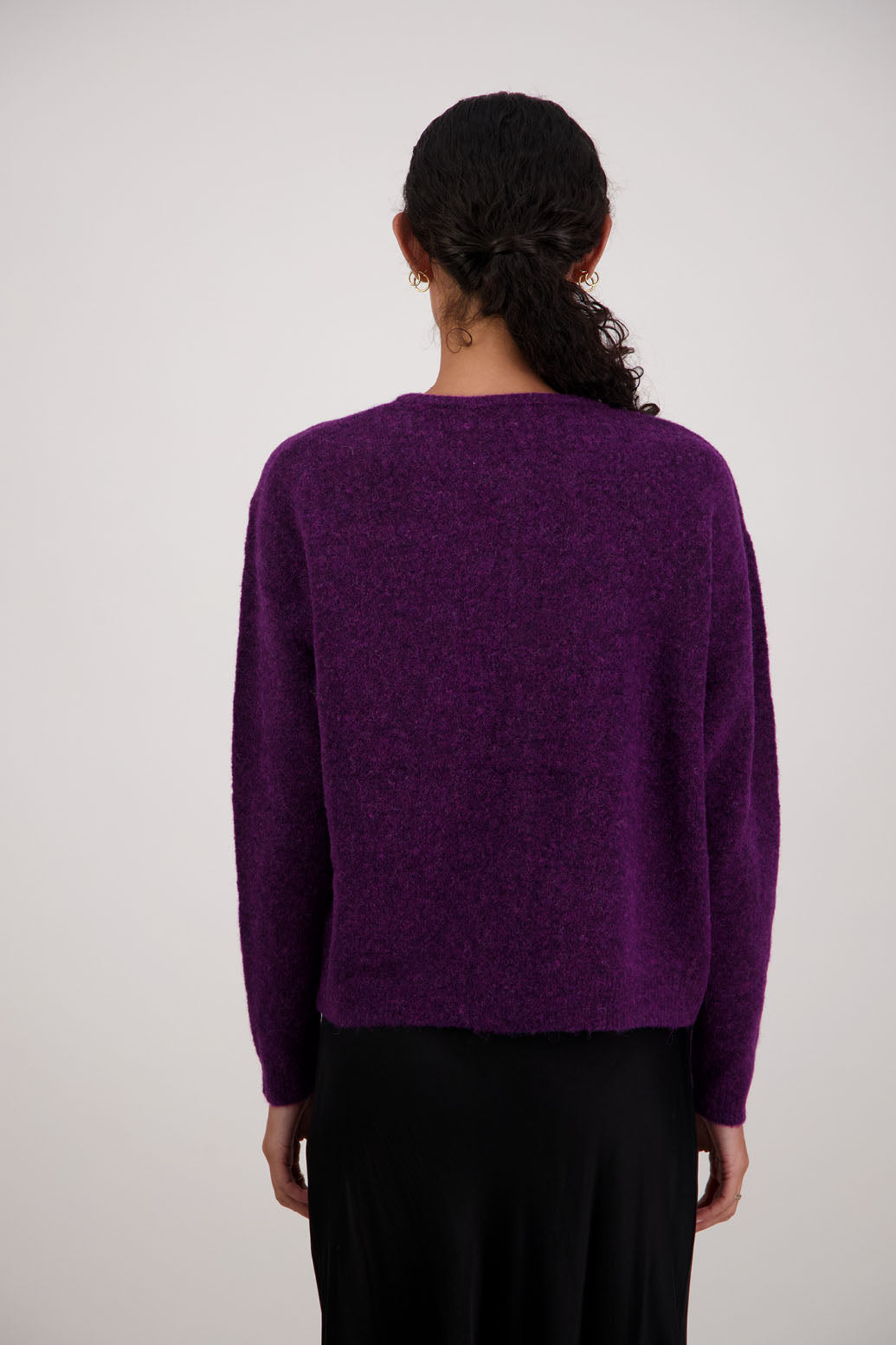 Frenchie Cardigan in Purple by Briarwood NZ. Alpaca/Wool blend long sleeve cardigan. Bestselling style.