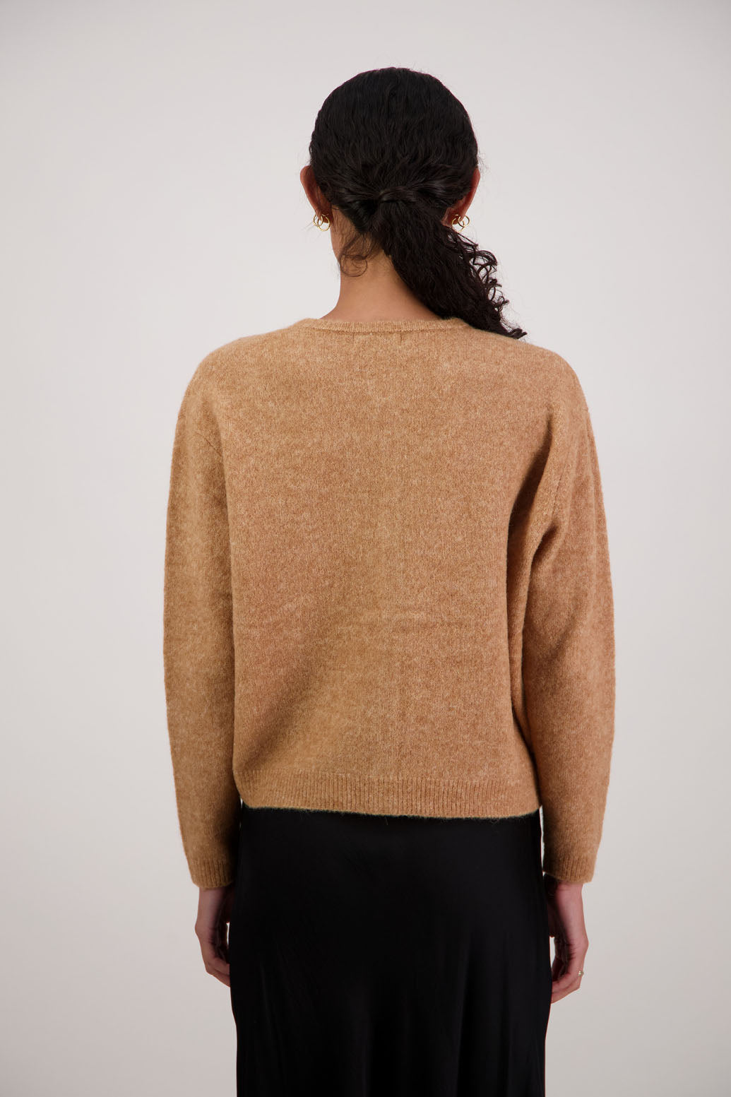 Frenchie Cardigan in Tan by Briarwood NZ. Alpaca/Wool blend long sleeve cardigan. Bestselling style.