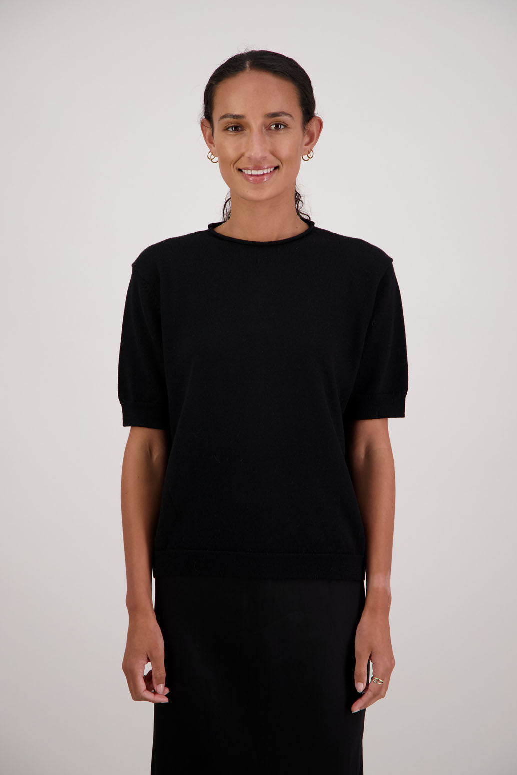 Frieda Wool Top in Black by Briarwood NZ. 100% Wool short sleeve, semi fitted t-shirt style top with high neck