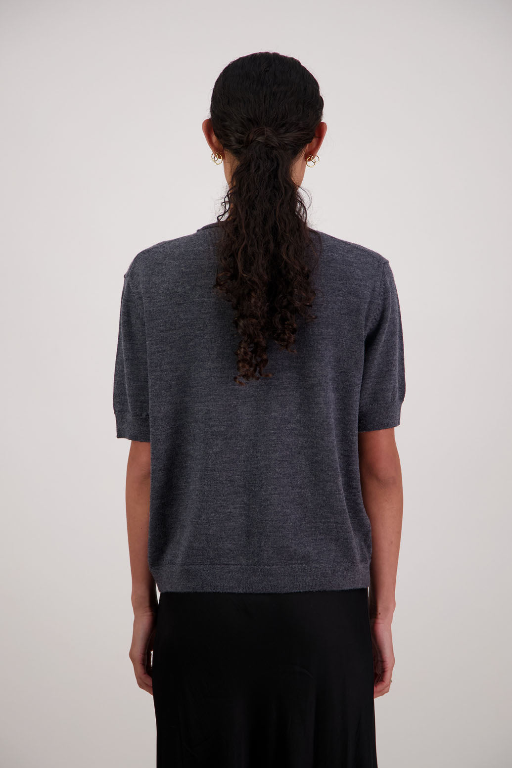 Frieda Wool Top in Charcoal by Briarwood NZ. 100% Wool short sleeve, semi fitted t-shirt style top with high neck