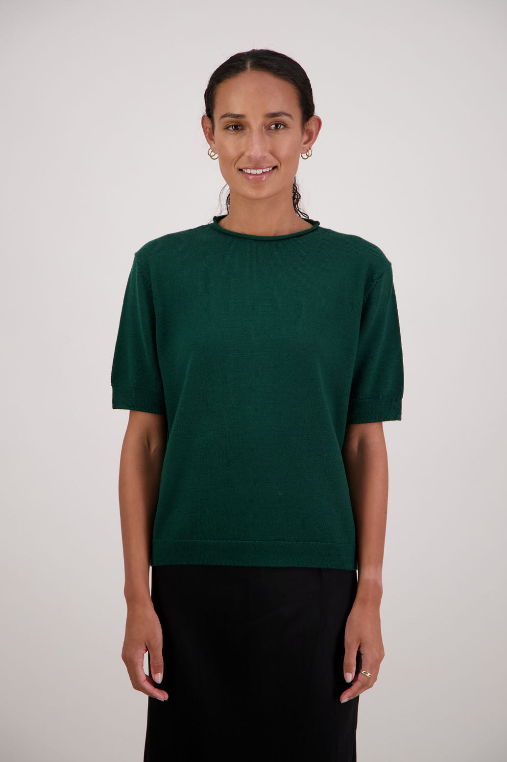 Frieda Wool Top in Olive by Briarwood NZ. 100% Wool short sleeve, semi fitted t-shirt style top with high neck