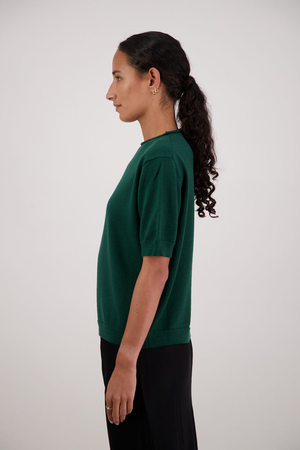 Frieda Wool Top in Olive by Briarwood NZ. 100% Wool short sleeve, semi fitted t-shirt style top with high neck